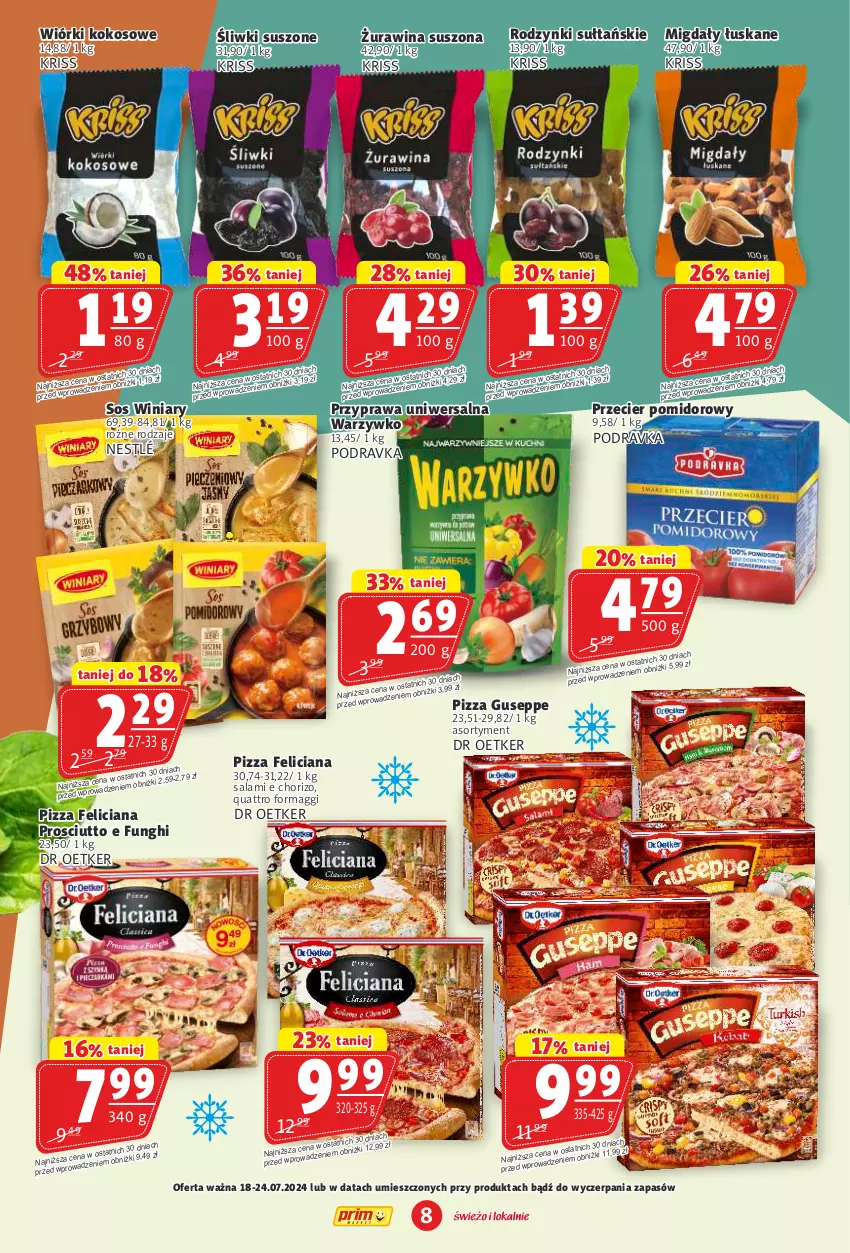 Gazetka promocyjna Prim Market - ważna 18.07 do 24.07.2024 - strona 8 - produkty: Feliciana, Kokos, Maggi, Migdały, Migdały łuskane, Nestlé, Pizza, Podravka, Prosciutto, Przyprawa uniwersalna, Rodzynki, Salami, Sos, Winiary, Wiórki kokosowe