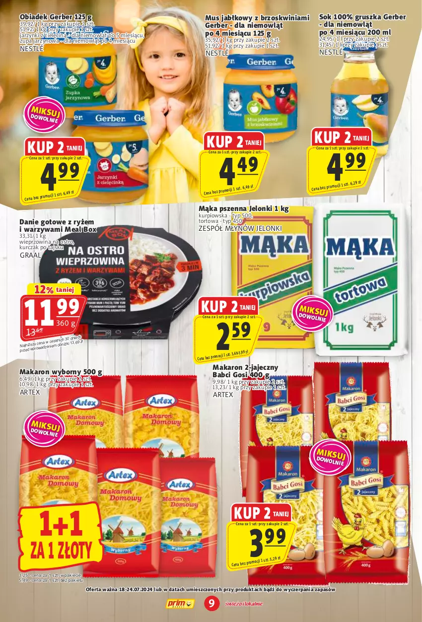 Gazetka promocyjna Prim Market - ważna 18.07 do 24.07.2024 - strona 9 - produkty: Danie gotowe, Gerber, Gra, Graal, Kurczak, Mąka, Mąka pszenna, Makaron, Mus, Nestlé, Ryż, Sok, Warzywa, Wieprzowina, Zupa