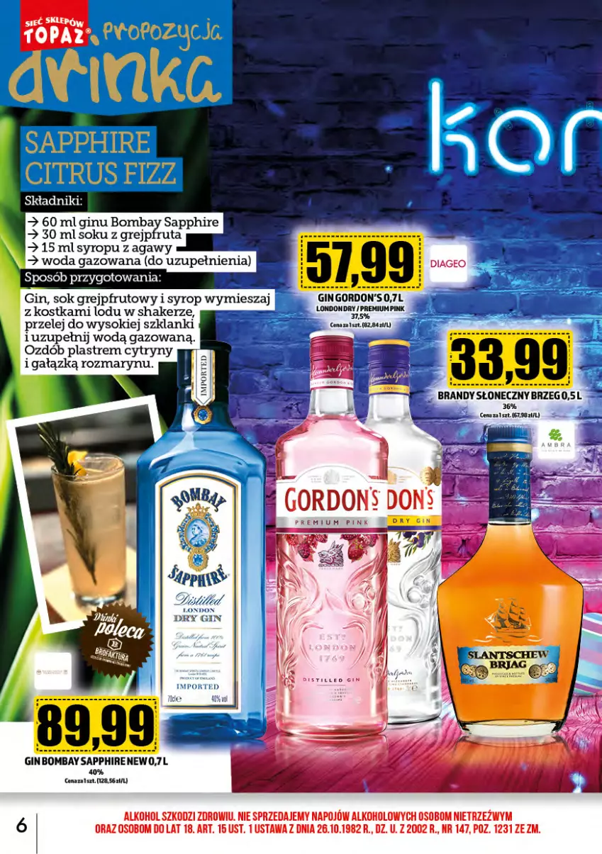 Gazetka promocyjna Topaz - Gazetka - ważna 01.03 do 31.03.2024 - strona 6 - produkty: Cytryny, Gin, Gordon's, Grejpfrut, Lanki, Por, Sok, Syrop, Woda, Woda gazowana