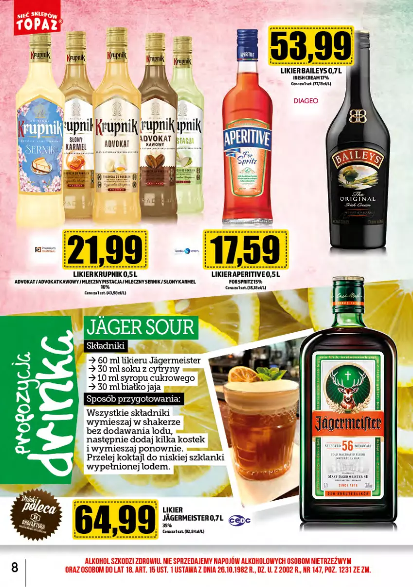 Gazetka promocyjna Topaz - Gazetka - ważna 01.03 do 31.03.2024 - strona 8 - produkty: Cytryny, Jagermeister, Jaja, Krupnik, Lanki, Likier, Ser, Sok, Stek, Syrop