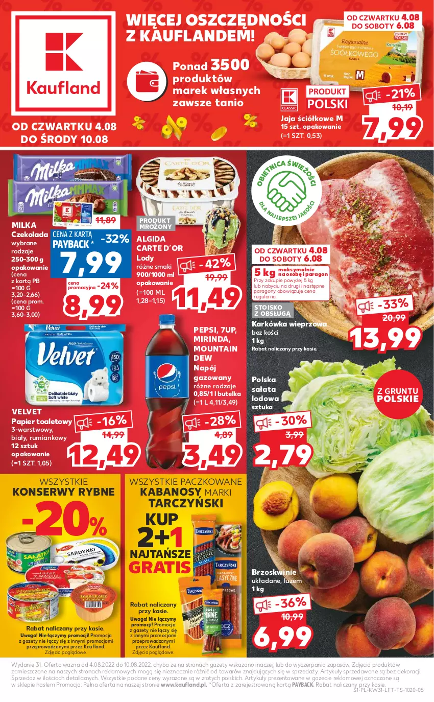 Gazetka promocyjna Kaufland - OFERTA TYGODNIA - ważna 04.08 do 10.08.2022 - strona 1 - produkty: 7up, Algida, Brzoskwinie, Czekolada, Gra, Grunt, Jaja, Kabanos, Karkówka wieprzowa, LG, Lody, Milka, Mirinda, Napój, Napój gazowany, Papier, Papier toaletowy, Pepsi, Rum, Sałat, Sałata lodowa, Ser, Tarczyński, Velvet, Waga