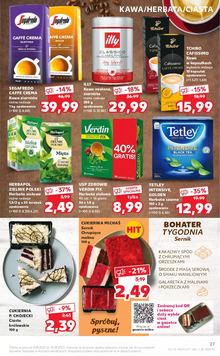 Gazetka promocyjna Kaufland - OFERTA TYGODNIA - ważna 04.08 do 10.08.2022 - strona 27 - produkty: Cafissimo, Cukier, Gala, Galaretka, Gra, Herbapol, Herbata, Herbata czarna, Kakao, Kawa, Kawa mielona, Kawa ziarnista, Królewski, Por, Segafredo, Ser, Tchibo, Tetley, Zdrowie