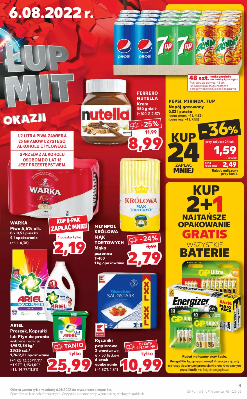 Gazetka promocyjna Kaufland - OFERTA TYGODNIA - ważna 04.08 do 10.08.2022 - strona 3 - produkty: 7up, Ariel, Ferrero, Gra, Mąka, Mąka pszenna, Mirinda, Młynpol, Napój, Napój gazowany, Nutella, Papier, Pepsi, Piwa, Piwo, Płyn do prania, Ręcznik, Ręczniki papierowe, Waga, Warka