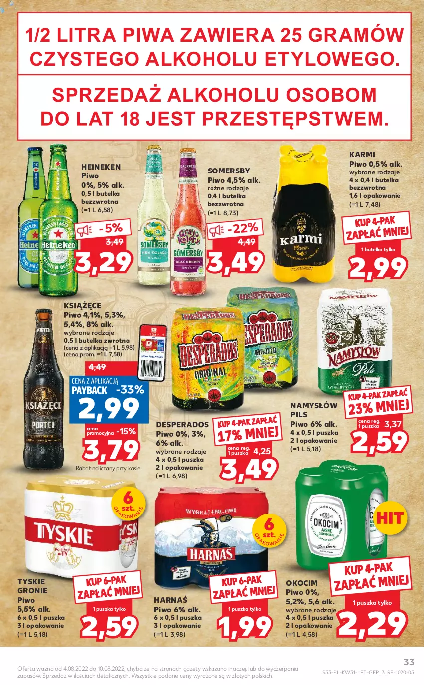 Gazetka promocyjna Kaufland - OFERTA TYGODNIA - ważna 04.08 do 10.08.2022 - strona 33 - produkty: Desperados, Gra, Harnaś, Heineken, Karmi, Koc, Książęce, Namysłów, Okocim, Piwa, Piwo, Somersby, Tyskie