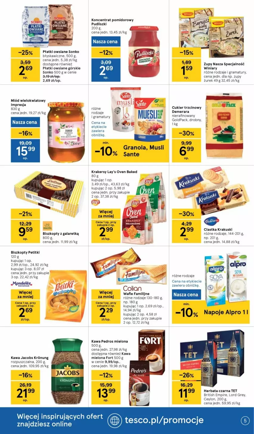 Gazetka promocyjna Tesco - Tesco gazetka - przyszły tydzień - ważna 16.09 do 22.09.2021 - strona 5 - produkty: Alpro, Biszkopty, Ciastka, Cukier, Cukier trzcinowy, Fa, Gala, Gra, Granola, Herbata, Herbata czarna, Jacobs, Kawa, Kawa mielona, Koncentrat pomidorowy, Krakersy, Krakus, Krakuski, LANA, Miód, Mus, Napoje, Płatki owsiane, Pudliszki, Rama, Sante, Sonko, Wafle