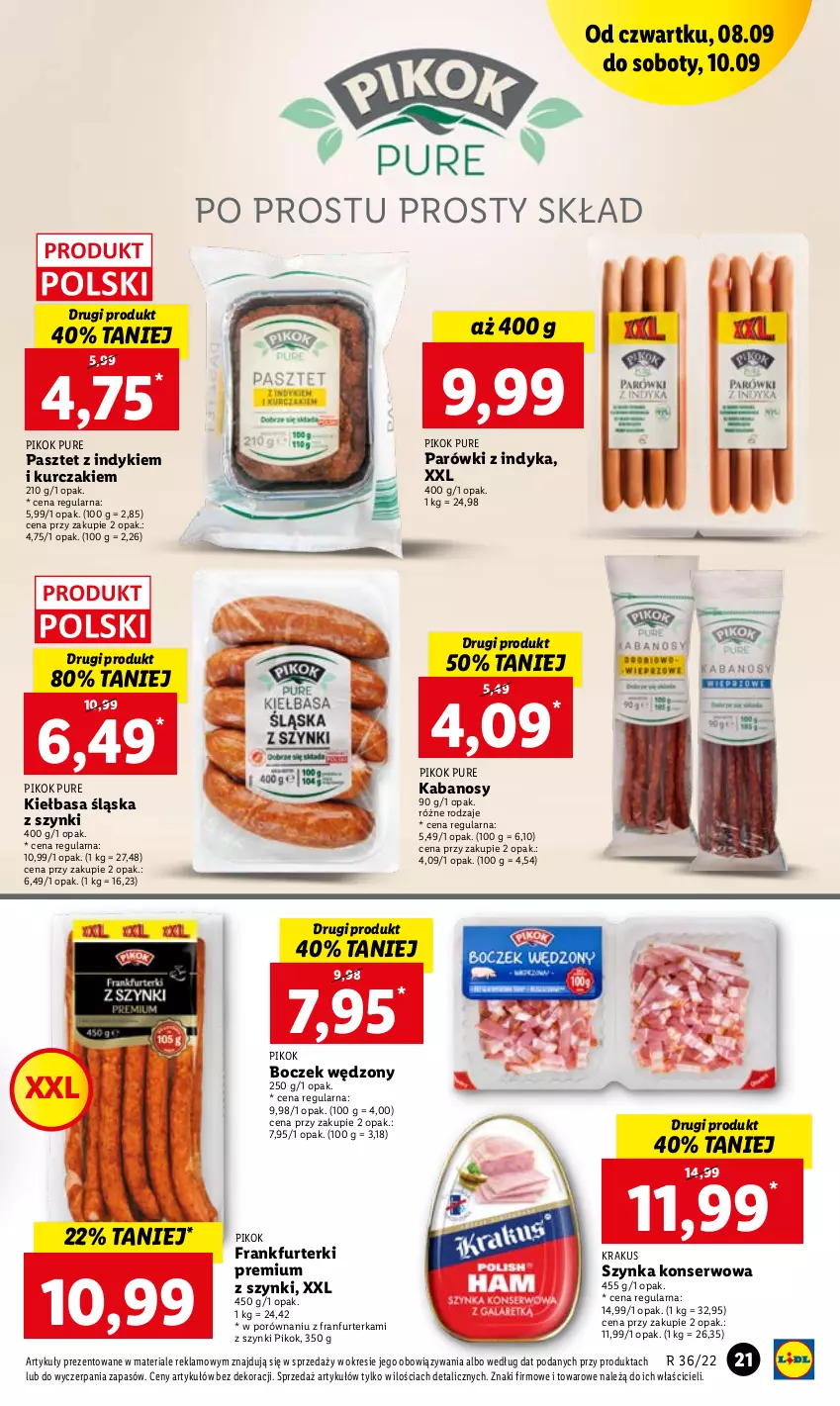 Gazetka promocyjna Lidl - GAZETKA - ważna 08.09 do 10.09.2022 - strona 21 - produkty: Boczek, Frankfurterki, Kabanos, Kiełbasa, Kiełbasa śląska, Krakus, Kurczak, Parówki, Parówki z indyka, Pasztet, PIKOK, Por, Pur, Ser, Szynka, Szynka konserwowa