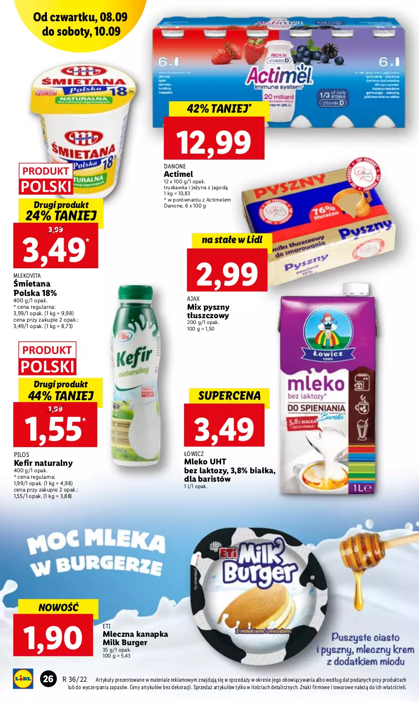 Gazetka promocyjna Lidl - GAZETKA - ważna 08.09 do 10.09.2022 - strona 26 - produkty: Actimel, Ajax, Burger, Danone, Kefir, Kefir naturalny, Mleczna kanapka, Mleko, Mlekovita, Pilos, Por