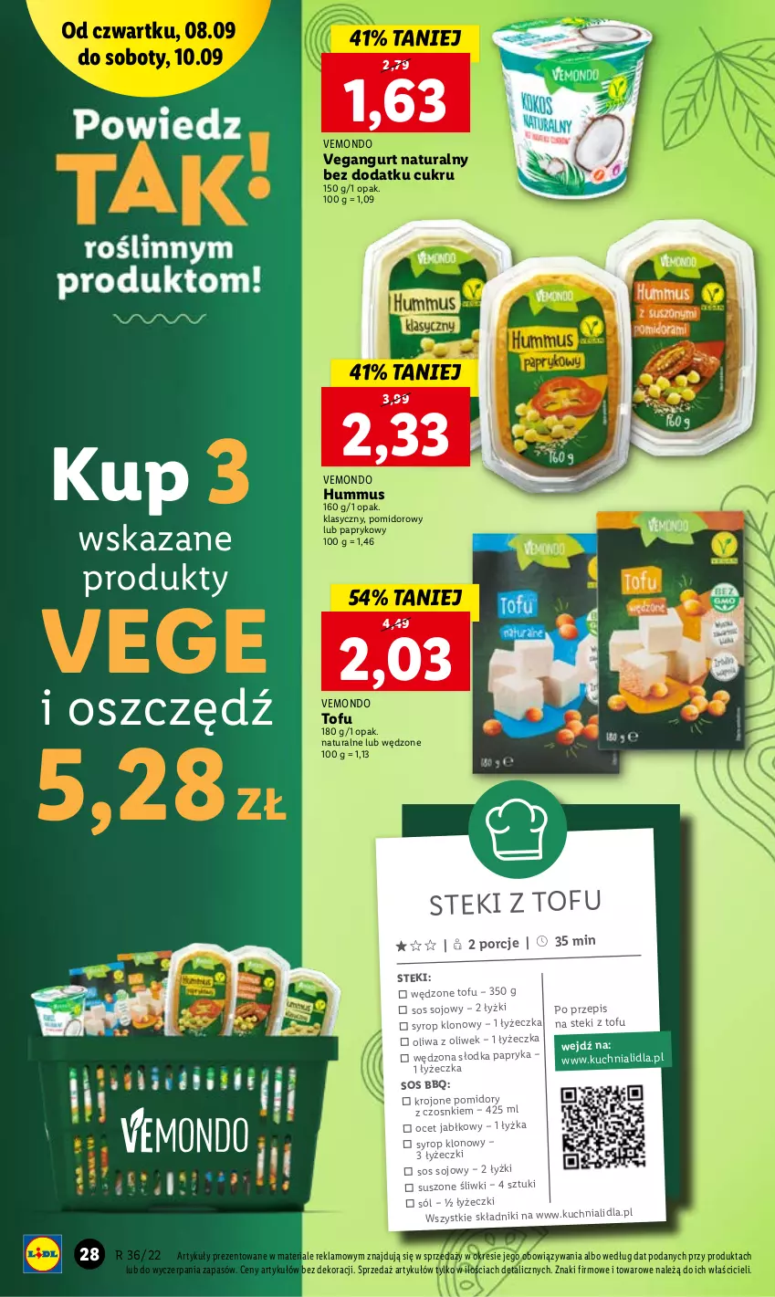 Gazetka promocyjna Lidl - GAZETKA - ważna 08.09 do 10.09.2022 - strona 28 - produkty: Hummus, Kuchnia, Mus, Ocet, Oliwa z oliwek, Papryka, Pomidory, Por, Sól, Sos, Sos sojowy, Stek, Syrop, Tofu, Vegangurt