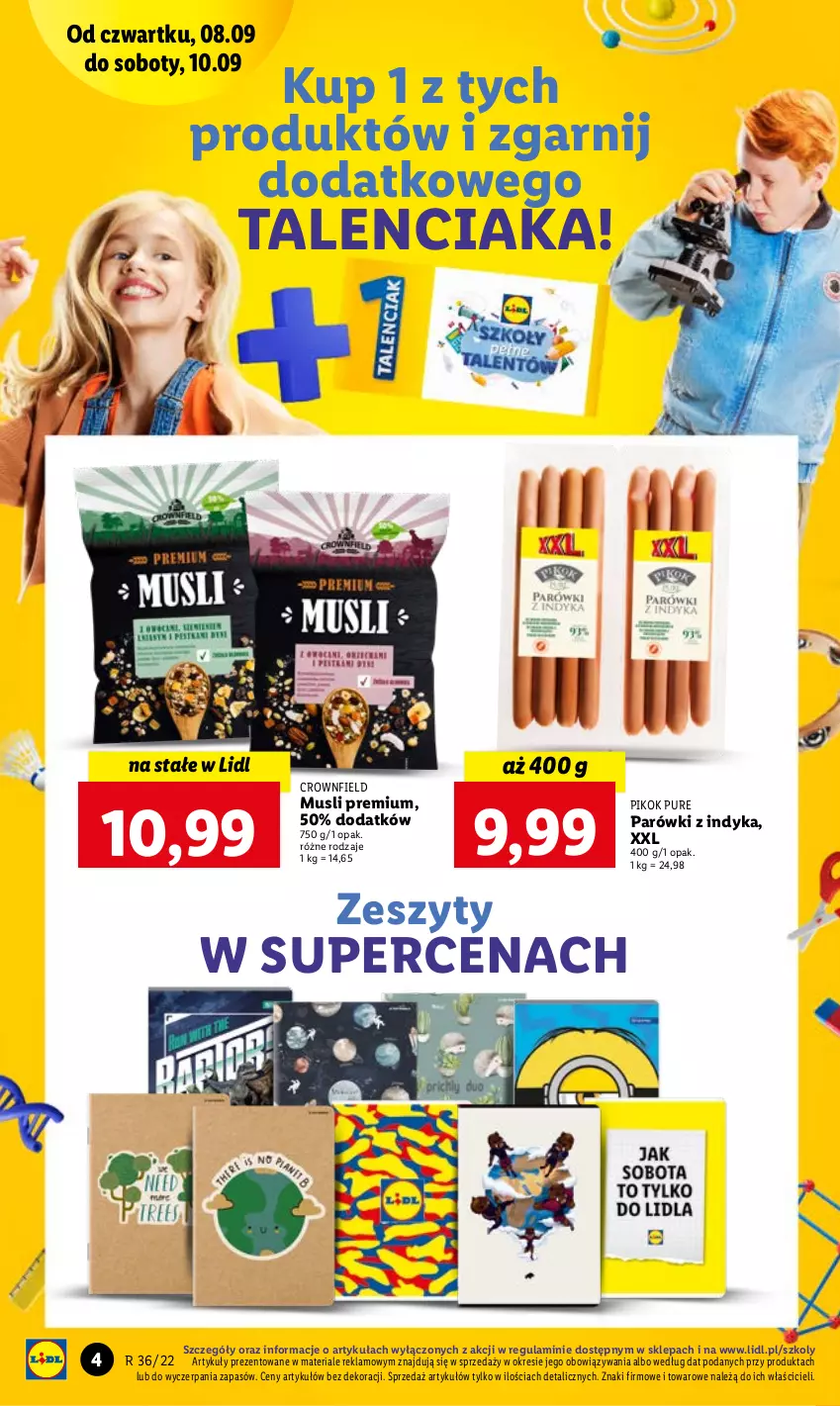 Gazetka promocyjna Lidl - GAZETKA - ważna 08.09 do 10.09.2022 - strona 4 - produkty: Mus, Parówki, Parówki z indyka, PIKOK, Pur