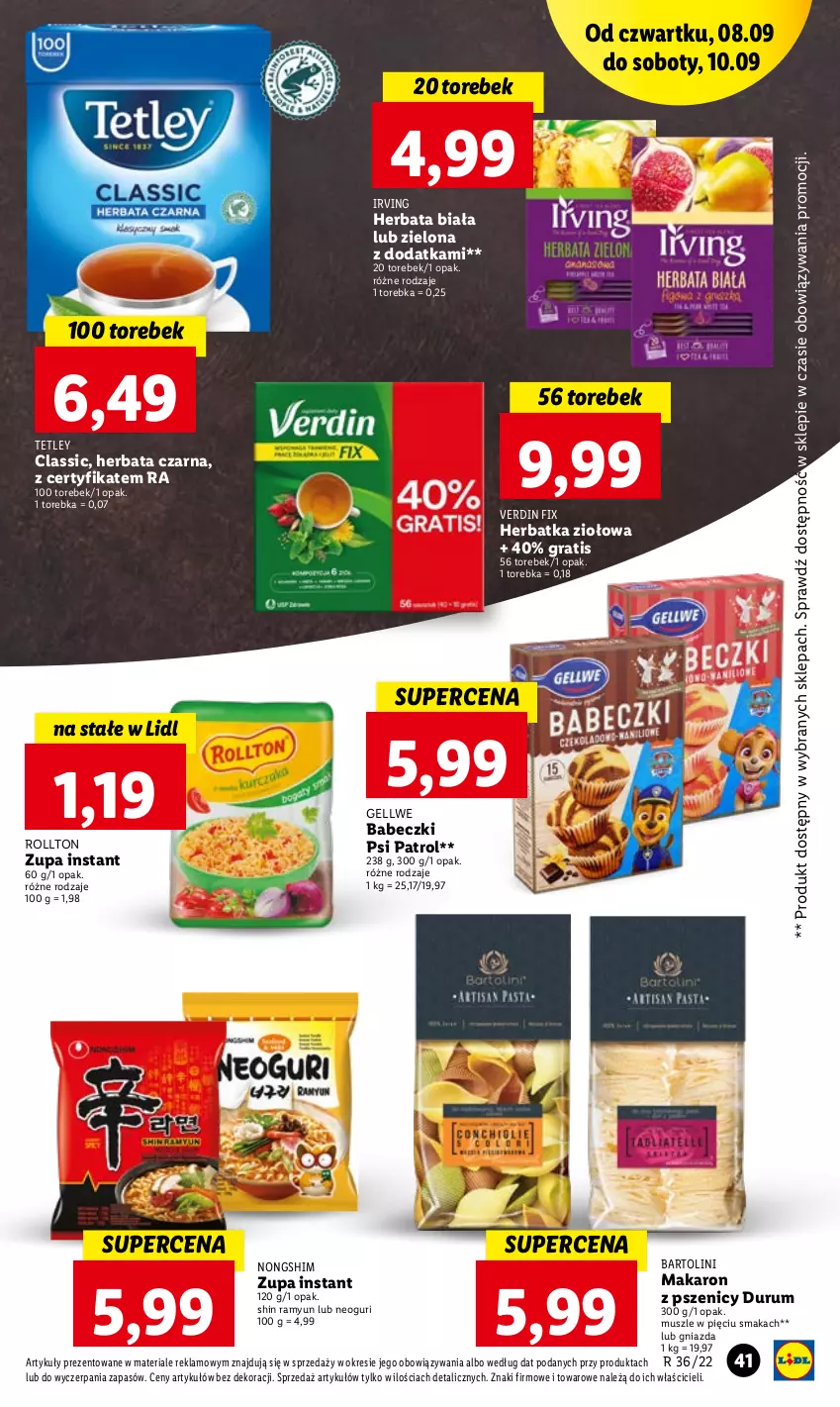 Gazetka promocyjna Lidl - GAZETKA - ważna 08.09 do 10.09.2022 - strona 41 - produkty: Babeczki, Gra, Herbata, Herbata czarna, Irving, Makaron, Mus, Psi Patrol, Rum, Tetley, Torebka, Zupa