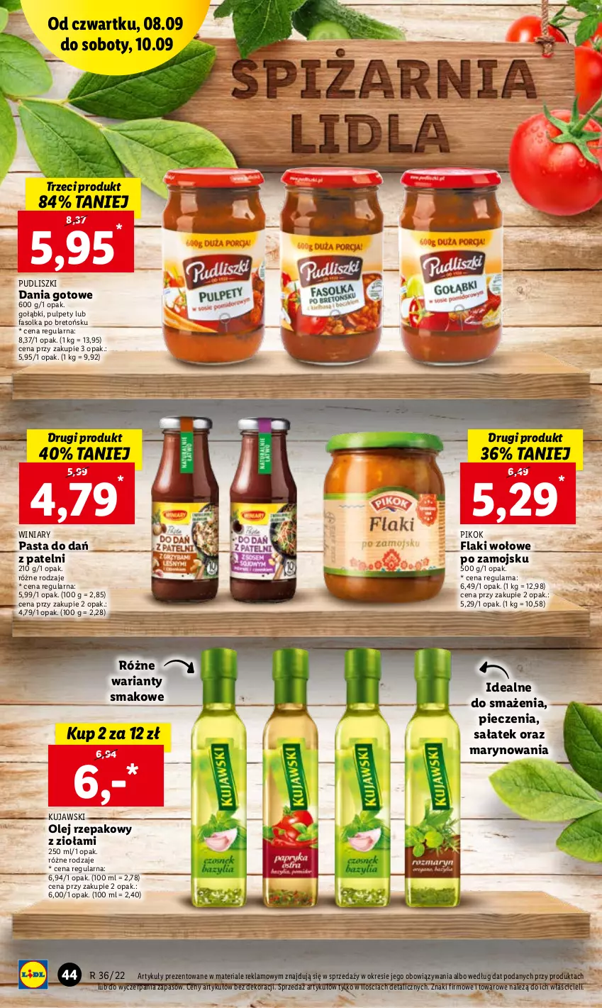 Gazetka promocyjna Lidl - GAZETKA - ważna 08.09 do 10.09.2022 - strona 44 - produkty: Dania gotowe, Fa, Flaki, Flaki wołowe, Kujawski, Olej, Olej rzepakowy, Piec, PIKOK, Pudliszki, Pulpety, Sałat, Winiary