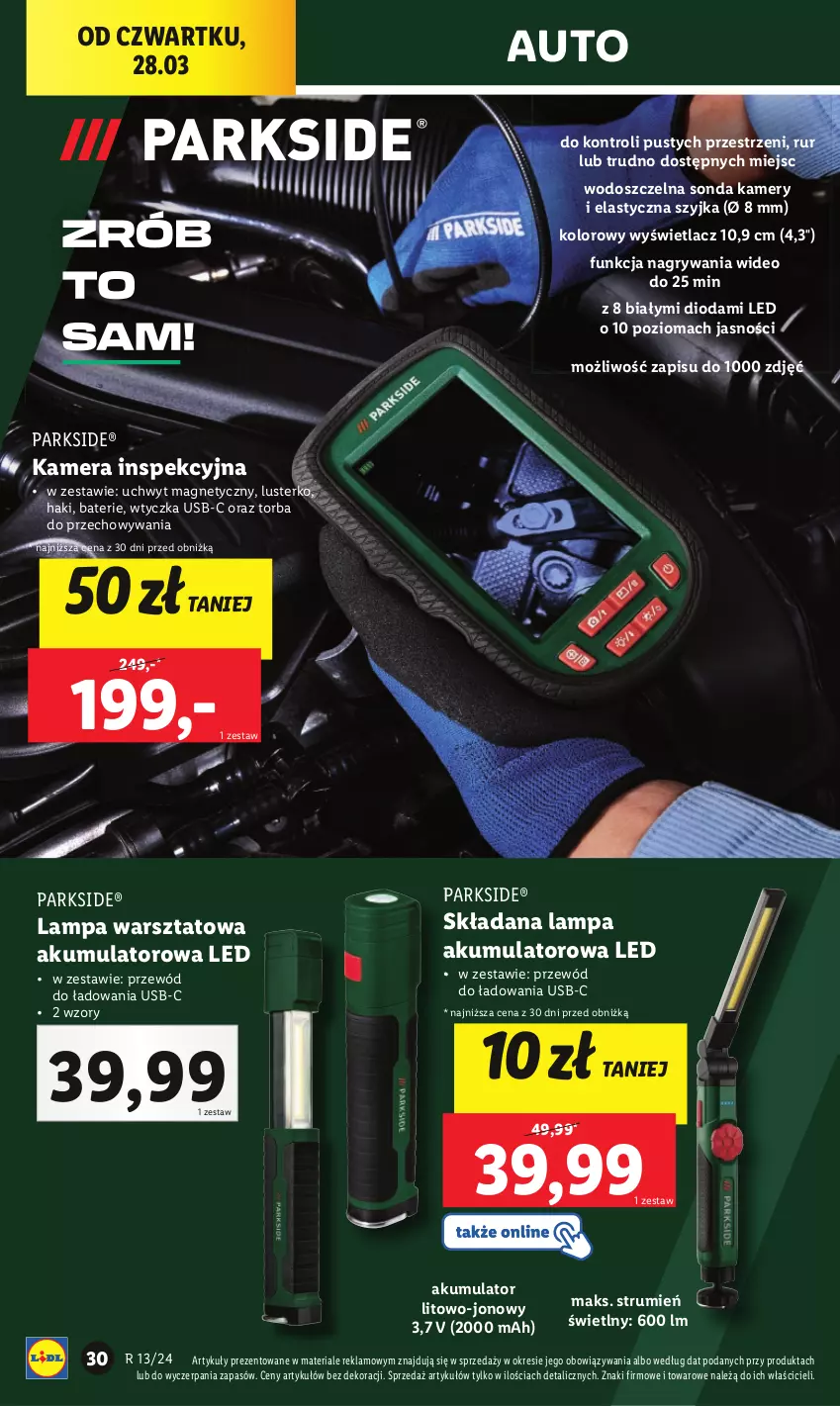 Gazetka promocyjna Lidl - GAZETKA - ważna 25.03 do 30.03.2024 - strona 42 - produkty: Akumulator, Gry, Kamera, Kamery, Lampa, Parkside, Przewód, Rum, Torba