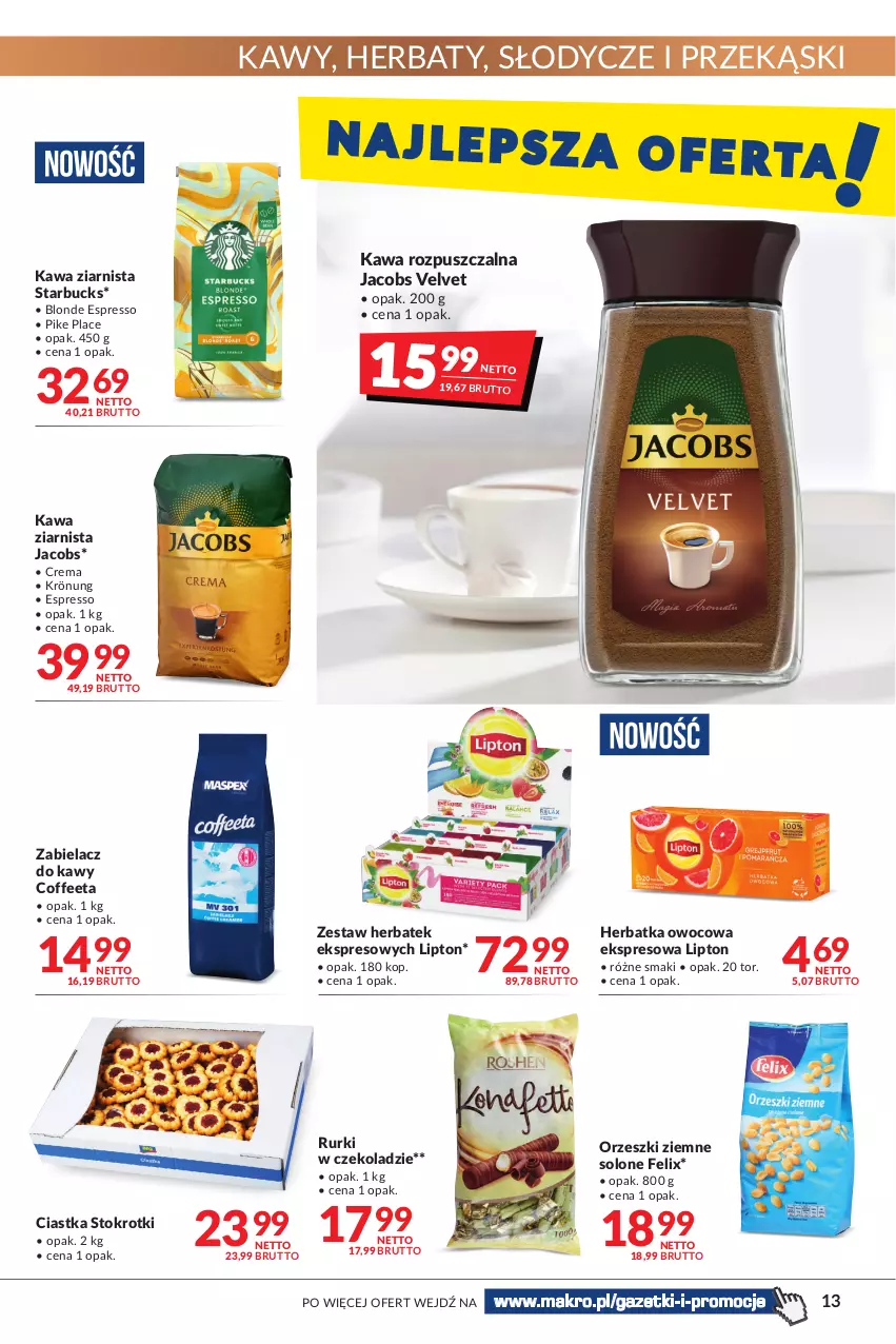 Gazetka promocyjna Makro - [Oferta promocyjna] Artykuły spożywcze i przemysłowe - ważna 23.08 do 05.09.2022 - strona 13 - produkty: Ciastka, Felix, Jacobs, Jacobs Velvet, Kawa, Kawa rozpuszczalna, Kawa ziarnista, Lipton, Orzeszki, Orzeszki ziemne, Rurki, Velvet