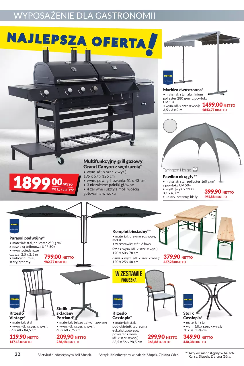 Gazetka promocyjna Makro - [Oferta promocyjna] Artykuły spożywcze i przemysłowe - ważna 23.08 do 05.09.2022 - strona 22 - produkty: Gra, Grill, Grill gazowy, Krzesło, Markiza, Mus, Parasol, Poduszka, Por, Sos, Stół, Stolik