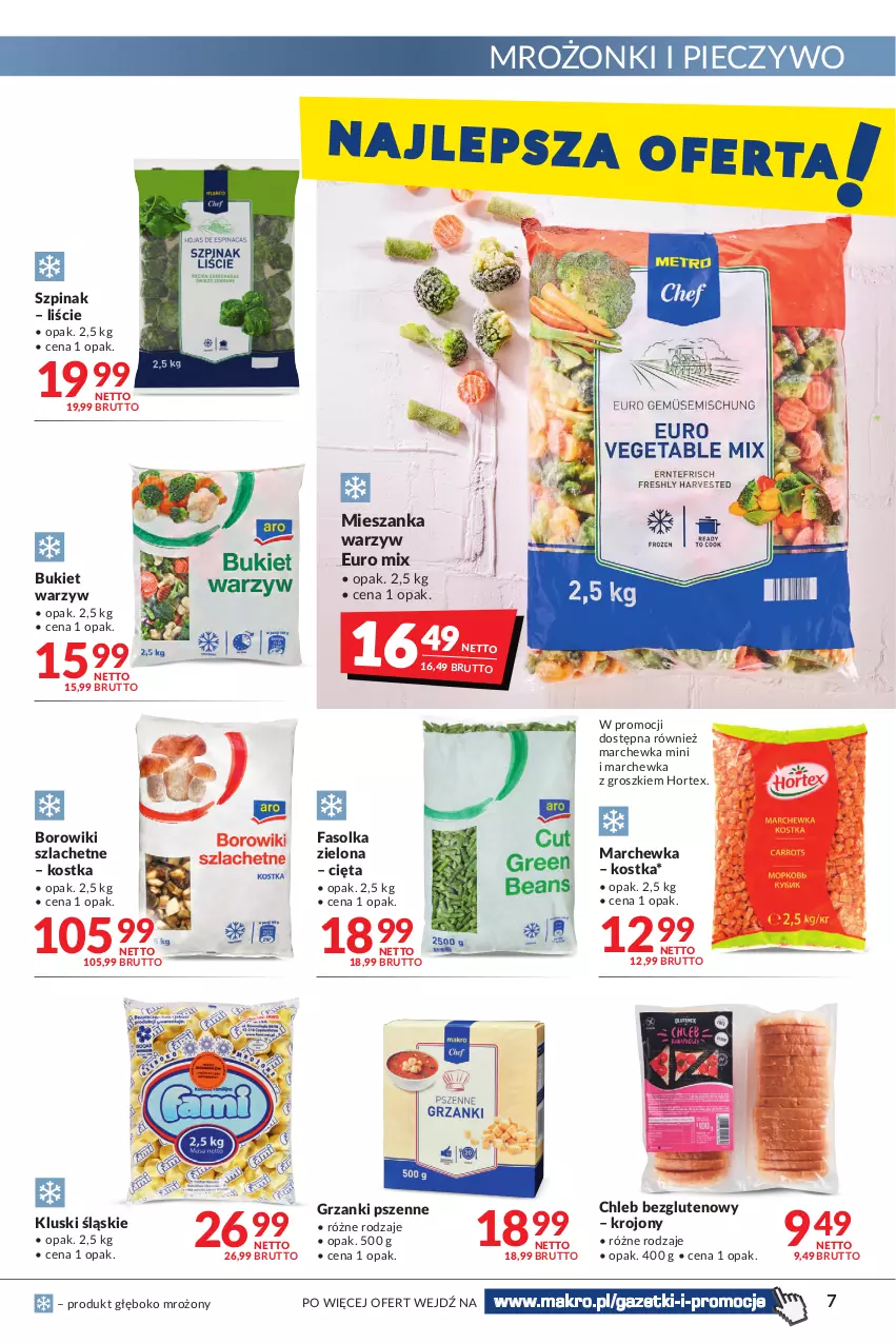 Gazetka promocyjna Makro - [Oferta promocyjna] Artykuły spożywcze i przemysłowe - ważna 23.08 do 05.09.2022 - strona 7 - produkty: Borowiki, Borowiki szlachetne, Bukiet, Bukiet warzyw, Chleb, Chleb bezglutenowy, Fa, Hortex, Marchewka, Mieszanka warzyw, Piec, Pieczywo, Szpinak