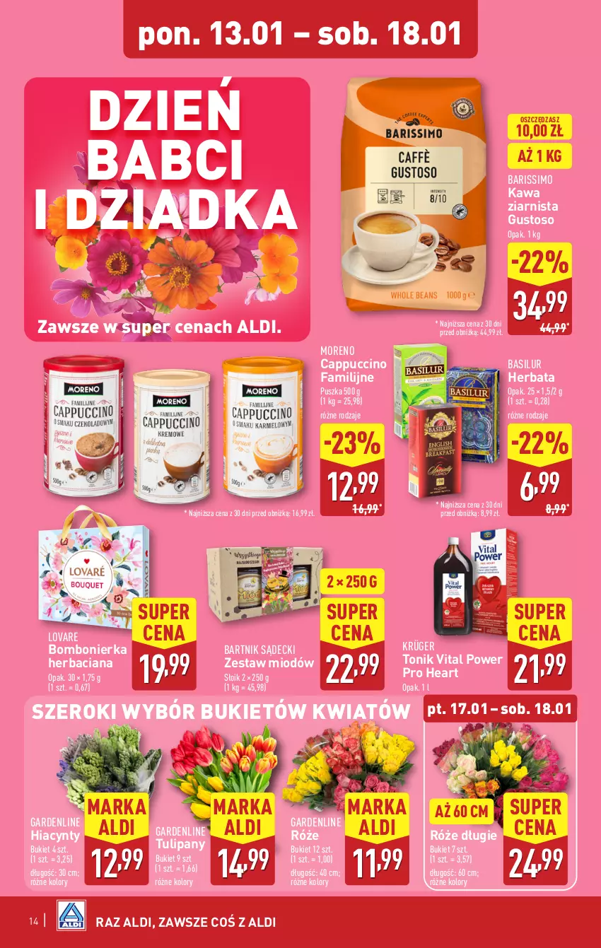 Gazetka promocyjna Aldi - Pełna oferta - ważna 13.01 do 18.01.2025 - strona 14 - produkty: Bukiet, Cappuccino, Fa, Herbata, Hiacynt, Kawa, Kawa ziarnista, Tonik, Tulipan