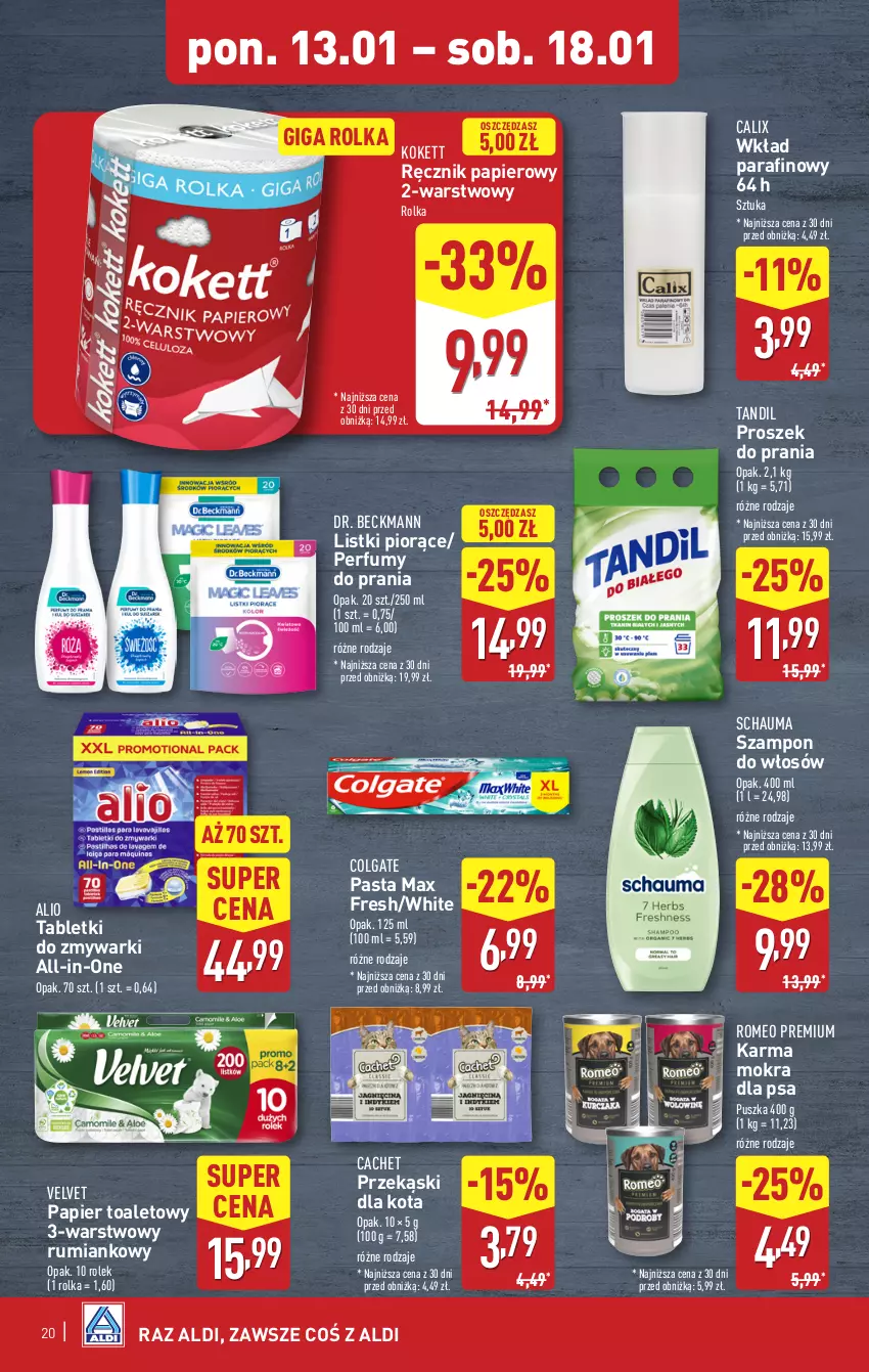 Gazetka promocyjna Aldi - Pełna oferta - ważna 13.01 do 18.01.2025 - strona 20 - produkty: Colgate, LG, Papier, Papier toaletowy, Perfum, Proszek do prania, Przekąski dla kota, Ręcznik, Rum, Schauma, Szampon, Tablet, Tabletki do zmywarki, Velvet, Zmywarki