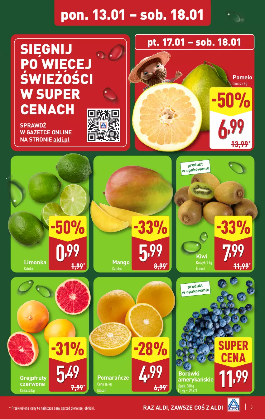 Gazetka promocyjna Aldi - Pełna oferta - ważna 13.01 do 18.01.2025 - strona 3 - produkty: Grejpfrut, Kiwi, Kosz, Limonka, Mango, Pomarańcze, Pomelo