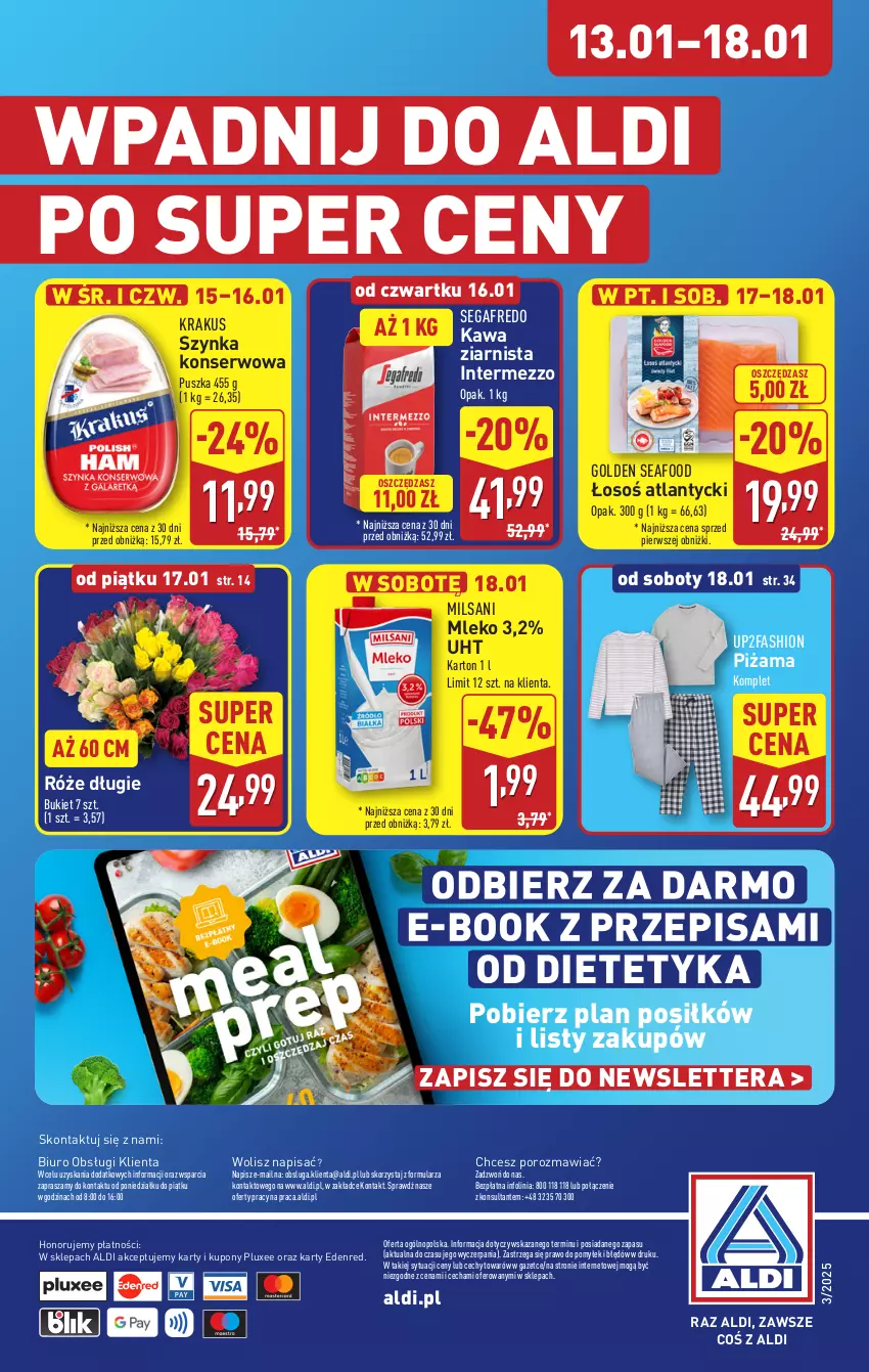 Gazetka promocyjna Aldi - Pełna oferta - ważna 13.01 do 18.01.2025 - strona 38 - produkty: Biuro, Bukiet, Fa, Golden Seafood, Kawa, Kawa ziarnista, Krakus, Mleko, O nas, Piżama, Por, Segafredo, Ser, Szynka, Szynka konserwowa, Tera