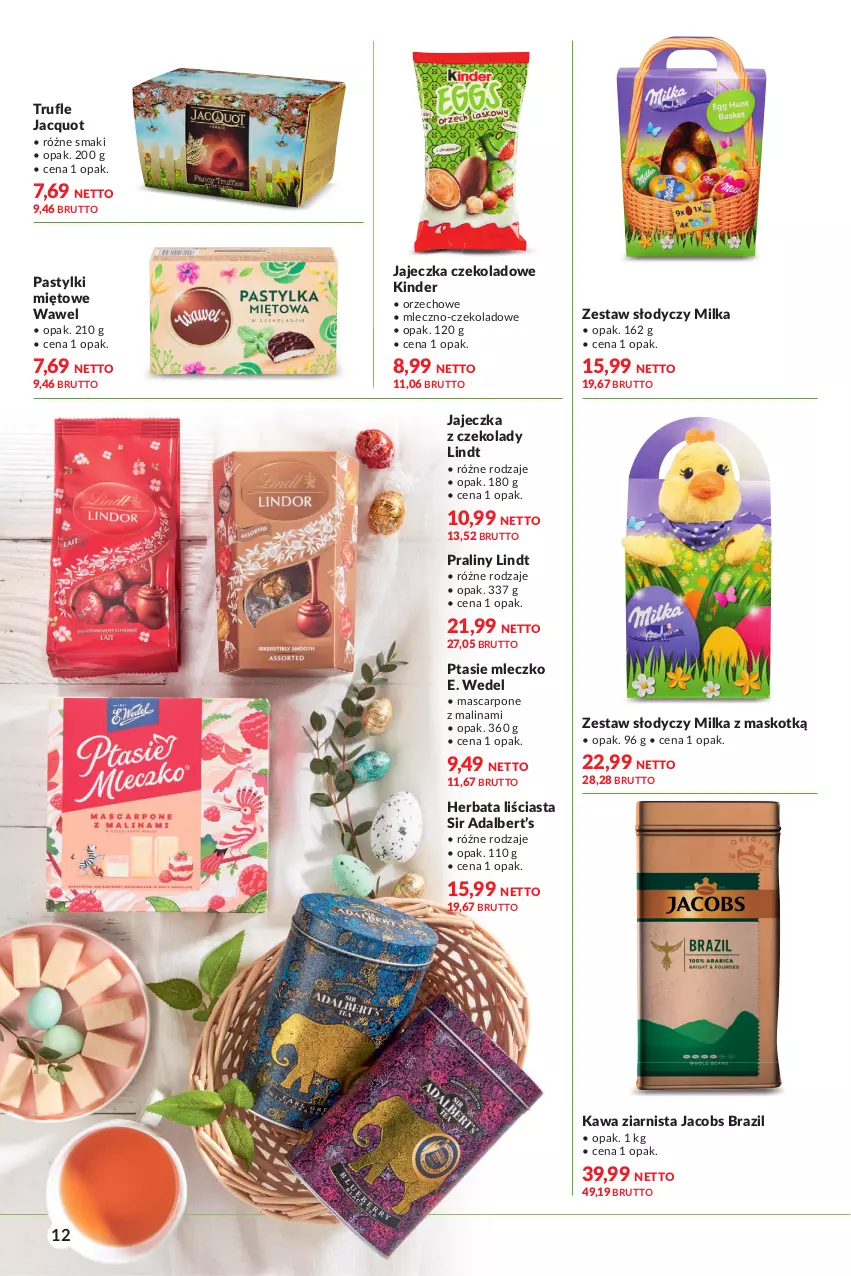 Gazetka promocyjna Makro - [Oferta specjalna] Delikatesy - ważna 01.04 do 18.04.2022 - strona 12 - produkty: E. Wedel, Herbata, Jacobs, Kawa, Kawa ziarnista, Kinder, Lindt, Mascarpone, Milka, Mleczko, Pastylki, Praliny, Ptasie mleczko, Wawel