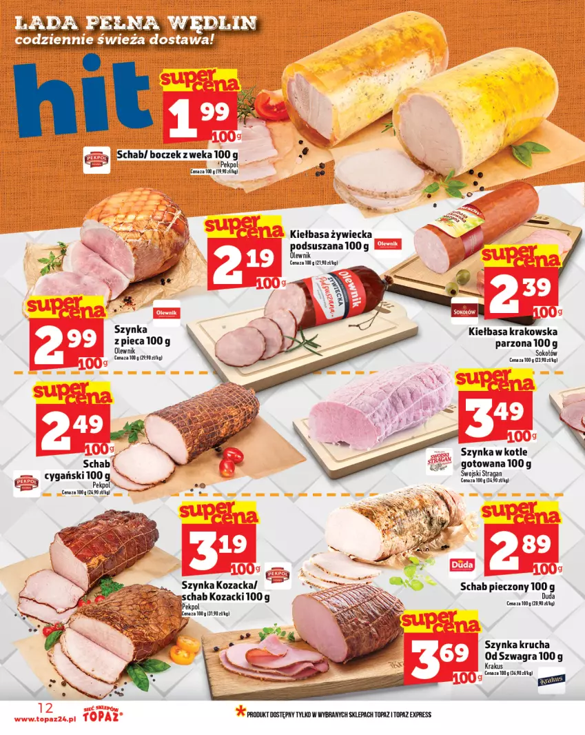 Gazetka promocyjna Topaz - Gazetka - ważna 19.06 do 25.06.2025 - strona 12 - produkty: Boczek, Gra, Kiełbasa, Kiełbasa krakowska, Krakus, Olewnik, Pekpol, Piec, Schab pieczony, Szynka, Top