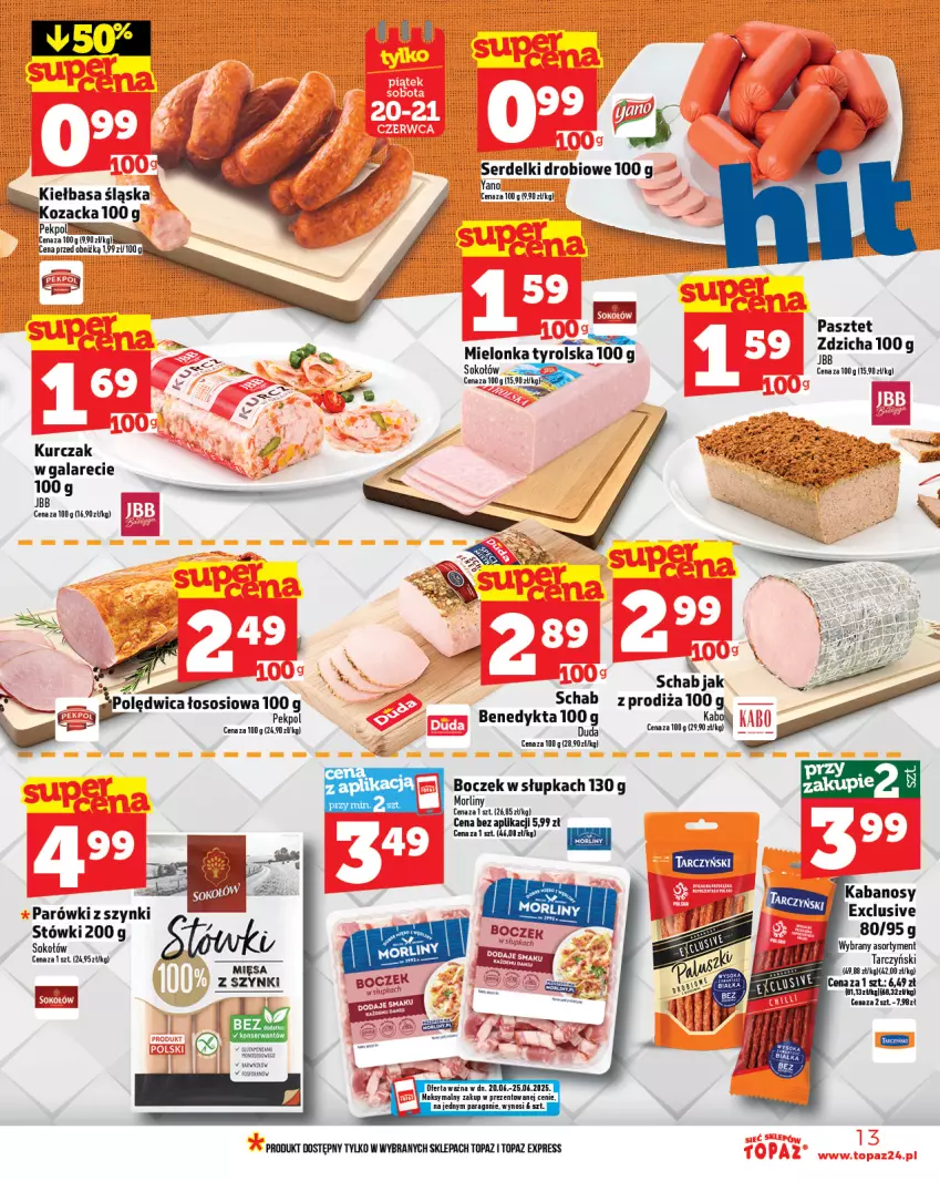 Gazetka promocyjna Topaz - Gazetka - ważna 19.06 do 25.06.2025 - strona 13 - produkty: Boczek, Duda, Gala, Kurczak, Mielonka tyrolska, Morliny, Parówki, Parówki z szynki, Pasztet, Pekpol, Polędwica, Ser, Serdelki, Sok, Sokołów, Sos, Tarczyński, Top