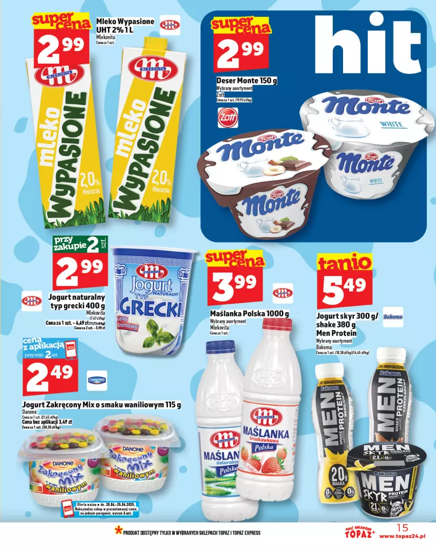 Gazetka promocyjna Topaz - Gazetka - ważna 19.06 do 25.06.2025 - strona 15 - produkty: Deser, Jogurt, Jogurt naturalny, Maślanka, Mleko, Mlekovita, Monte, Ser, Top, Vita C