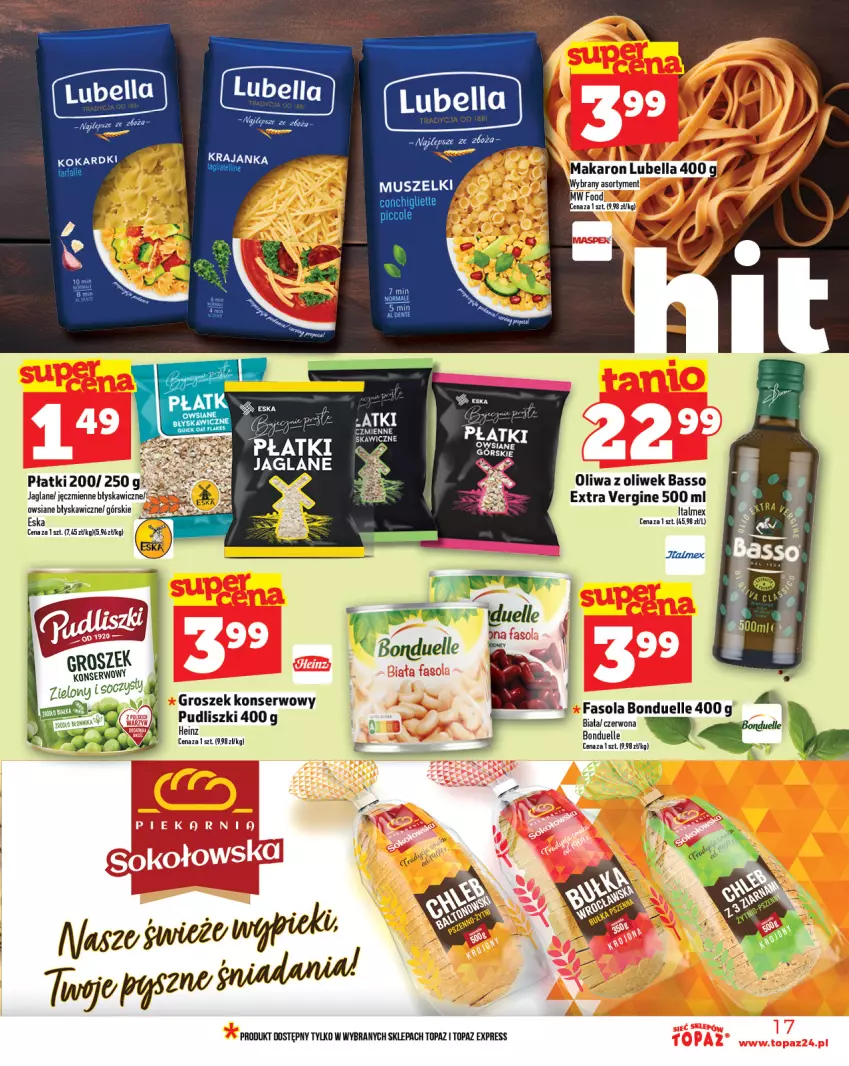 Gazetka promocyjna Topaz - Gazetka - ważna 19.06 do 25.06.2025 - strona 17 - produkty: Bell, Bella, Bonduelle, Fa, Fasola, Gin, Groszek, Lubella, Mus, Oliwa z oliwek, Pudliszki, Ser, Top