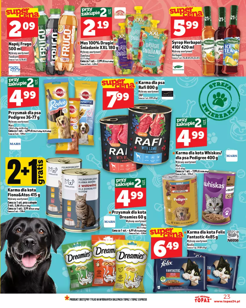 Gazetka promocyjna Topaz - Gazetka - ważna 19.06 do 25.06.2025 - strona 23 - produkty: Dawtona, Fa, Fanta, Felix, Herbapol, Mars, Mus, Pedigree, Por, Przysmak dla kota, Przysmak dla psa, Top, Whiskas