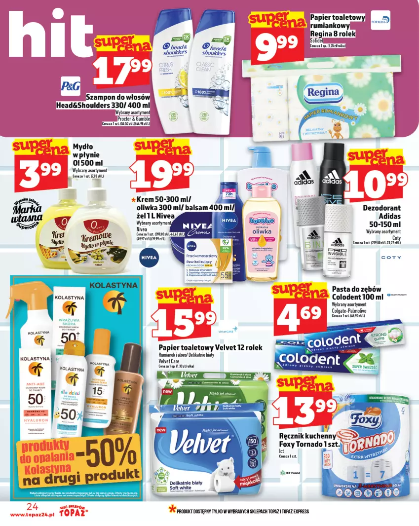 Gazetka promocyjna Topaz - Gazetka - ważna 19.06 do 25.06.2025 - strona 24 - produkty: Adidas, Colgate, Dezodorant, Dzieci, Foxy, Gin, Krem na dzień, LG, Mydło, Palmolive, Papier, Papier toaletowy, Pasta do zębów, Ręcznik, Ręcznik kuchenny, Rum, Szampon, Top, Velvet