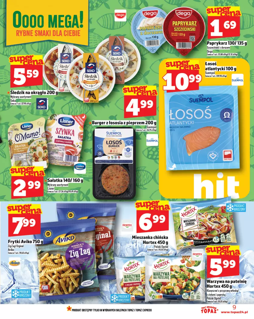 Gazetka promocyjna Topaz - Gazetka - ważna 19.06 do 25.06.2025 - strona 9 - produkty: Burger, Dega, Dorsz, Gin, Hortex, Lisner, Ogród, Papryka, Paprykarz, Pieprz, Sałat, Sałatka, SEKO, Sos, Suempol, Top, Warzywa
