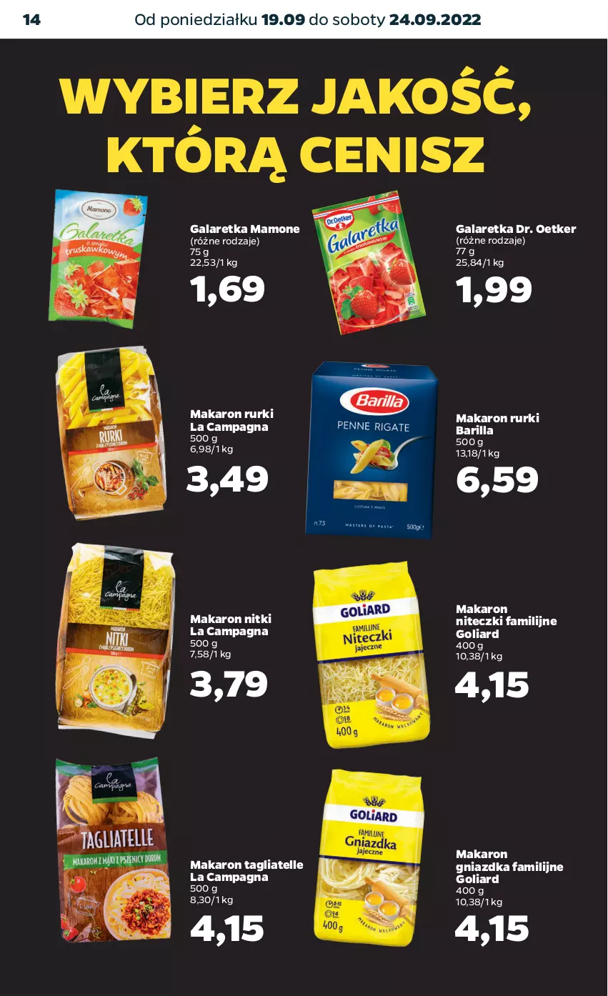 Gazetka promocyjna Netto - Artykuły spożywcze - ważna 19.09 do 24.09.2022 - strona 14 - produkty: Barilla, Dr. Oetker, Fa, Gala, Galaretka, Goliard, Makaron, Rurki, Tagliatelle