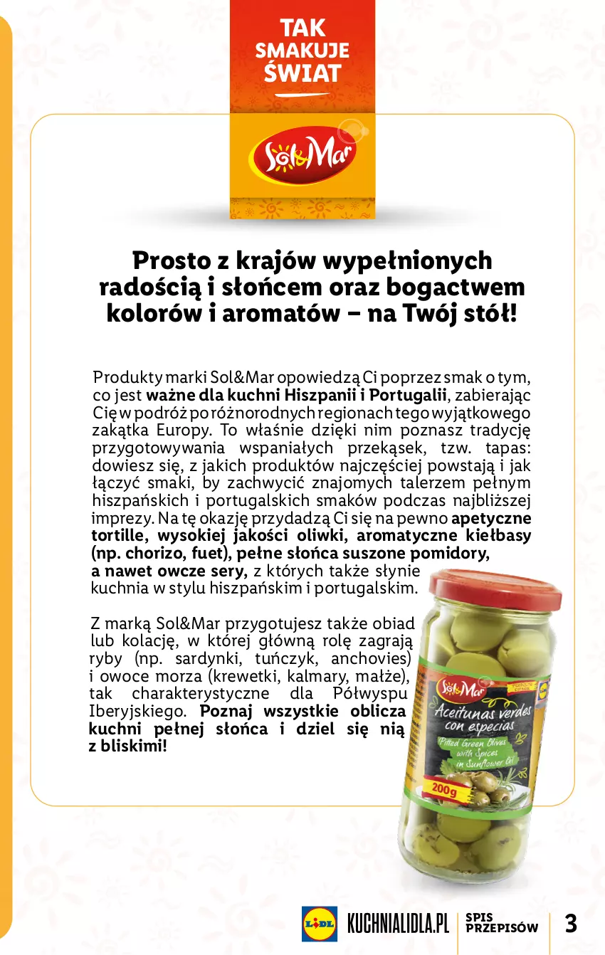 Gazetka promocyjna Lidl - KATALOG SOL&MAR - ważna 11.07 do 16.07.2022 - strona 3 - produkty: Gra, JBL, Kalmar, Kalmary, Krewetki, Kuchnia, Małże, Oliwki, Owoce, Owoce morza, Pomidory, Por, Sardynki, Ser, Sok, Stół, Suszone pomidory, Talerz, Tuńczyk