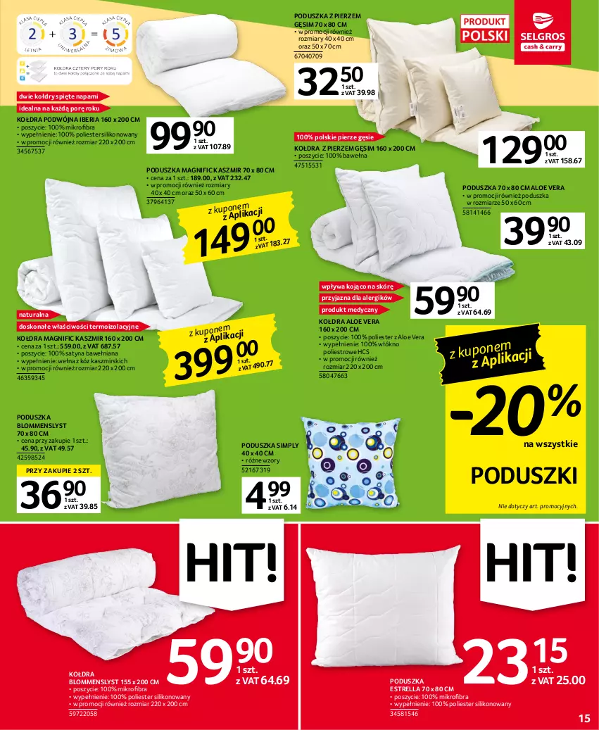 Gazetka promocyjna Selgros - Oferta przemysłowa - ważna 02.03 do 15.03.2023 - strona 15 - produkty: Aloe vera, Kołdra, Poduszka, Por, Wełna