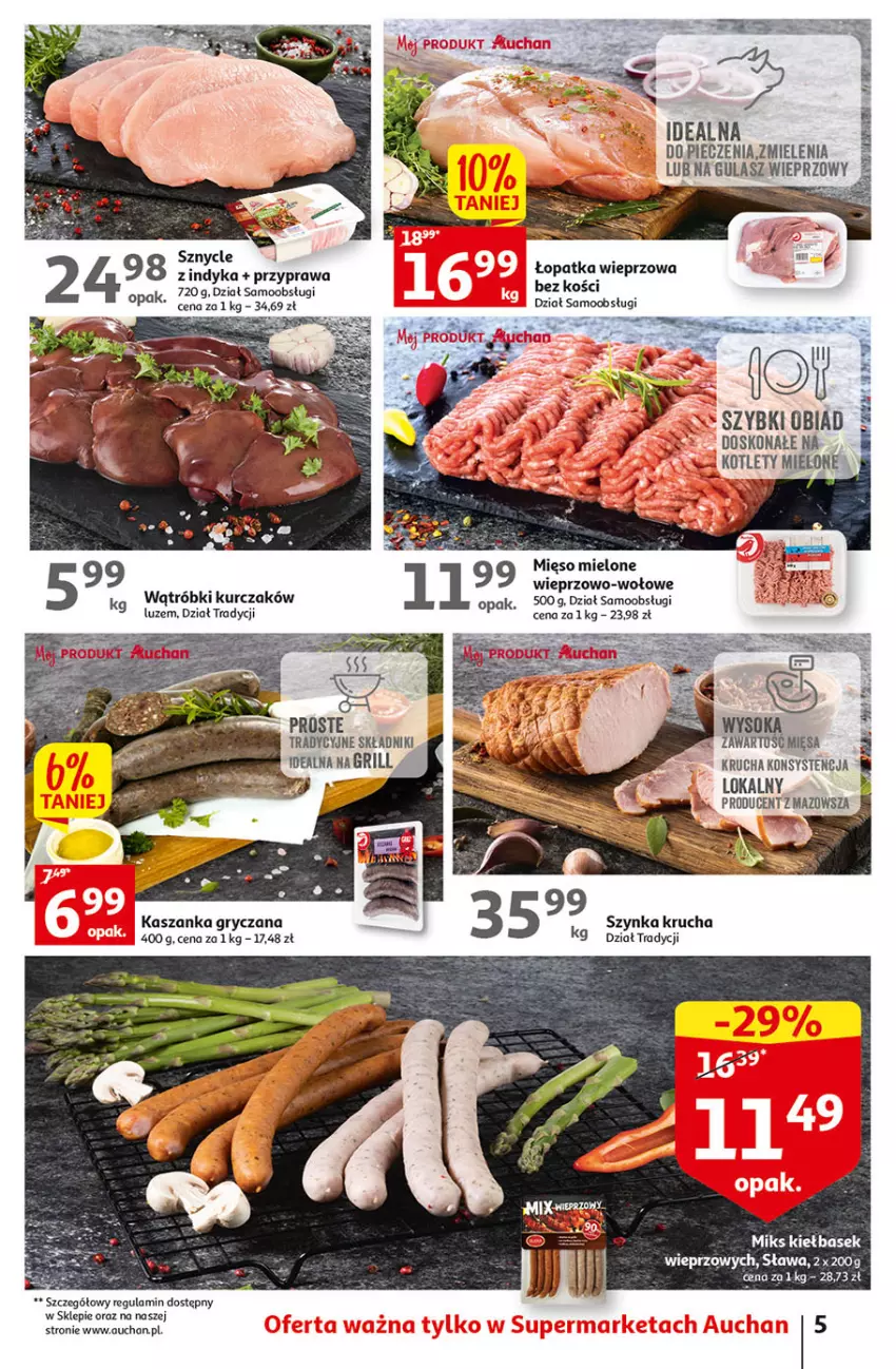 Gazetka promocyjna Auchan - Gazetka Oferty tygodnia Supermarket Auchan - ważna 25.05 do 31.05.2023 - strona 5 - produkty: Grill, Gry, Kasza, Kaszanka, Kotlet, Kurczak, Mięso, Mięso mielone, Piec, Szynka