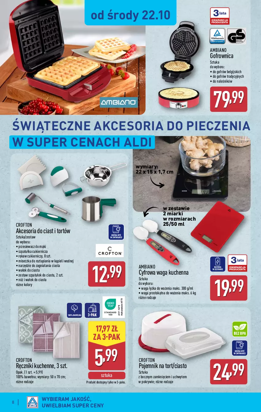 Gazetka promocyjna Aldi - Artykuły przemysłowe i tekstylia - ważna 22.10 do 25.10.2025 - strona 8 - produkty: Cukier, Gofrownica, LG, Miseczka, Piec, Pojemnik, Ręcznik, Szpatułka, Waga, Wałek, Wałek do ciasta, Wełna