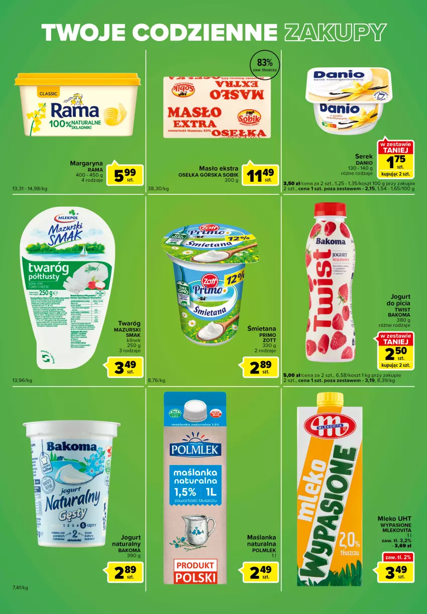 Gazetka promocyjna Carrefour - Gazetka Express - ważna 05.07 do 11.07.2022 - strona 2 - produkty: Bakoma, Danio, Fa, Jogurt, Jogurt naturalny, Kosz, Margaryna, Maślanka, Masło, Mleko, Mlekovita, POLMLEK, Rama, Ser, Serek, Twaróg, Zott