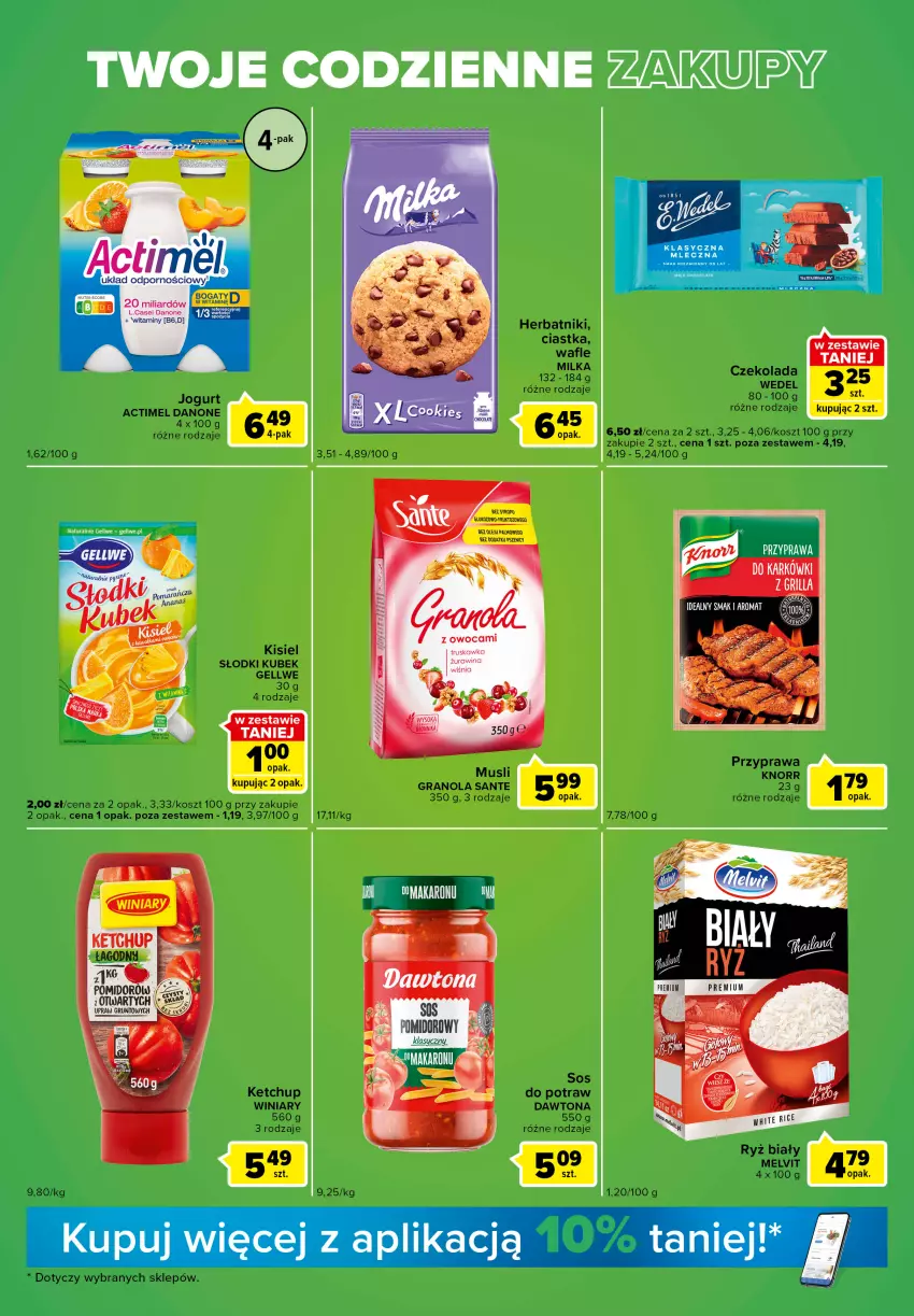 Gazetka promocyjna Carrefour - Gazetka Express - ważna 05.07 do 11.07.2022 - strona 3 - produkty: Actimel, Ciastka, Czekolada, Danone, Dawtona, Gra, Granola, Herbatniki, Jogurt, Ketchup, Kisiel, Knorr, Kosz, Kubek, Melvit, Milka, Mus, Ryż, Ryż biały, Sante, Sos, Wafle, Winiary