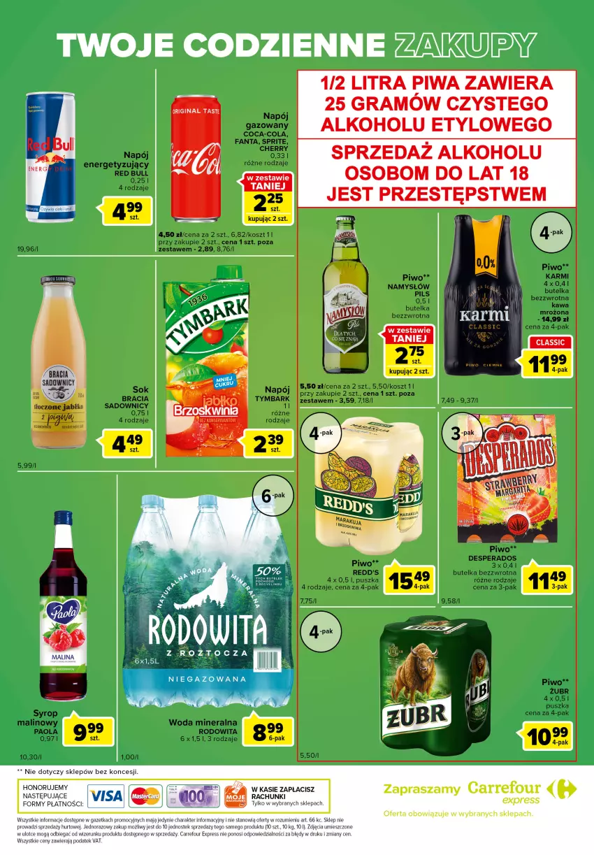 Gazetka promocyjna Carrefour - Gazetka Express - ważna 05.07 do 11.07.2022 - strona 6 - produkty: Coca-Cola, Desperados, Fa, Fanta, Gin, Gra, Karmi, Kosz, Namysłów, Napój, Napój gazowany, Paola, Piwa, Piwo, Red Bull, Redd's, Sprite, Stek, Syrop, Tymbark, Woda, Woda mineralna