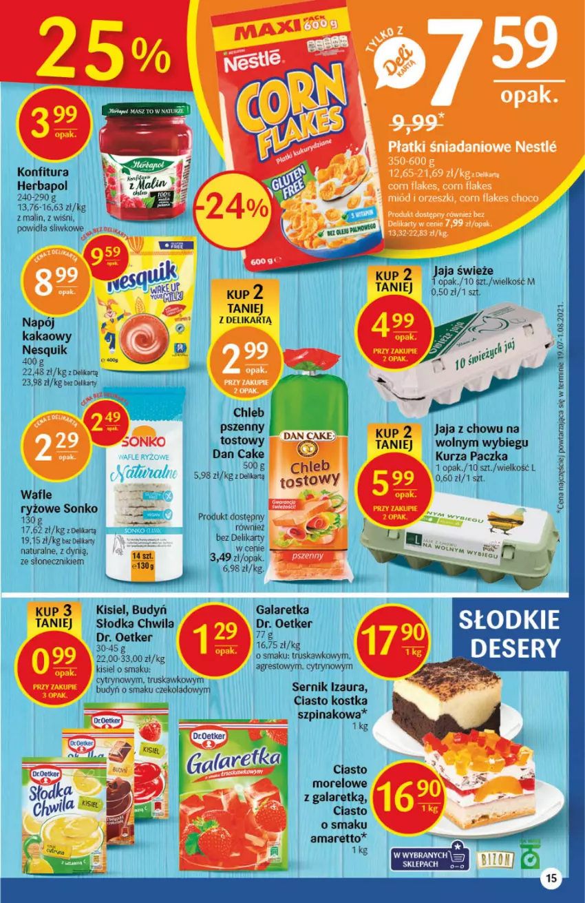 Gazetka promocyjna Delikatesy Centrum - Gazetka Delikatesy Centrum - ważna 23.09 do 29.09.2021 - strona 15 - produkty: Budyń, Chleb, Corn flakes, Dr. Oetker, Dynią, Fa, Gala, Galaretka, Gres, Herbapol, Jaja, Kakao, Kisiel, Konfitura, Miód, Napój, Nesquik, Orzeszki, Ryż, Ser, Słodka Chwila, Sonko, Szpinak, Wafle