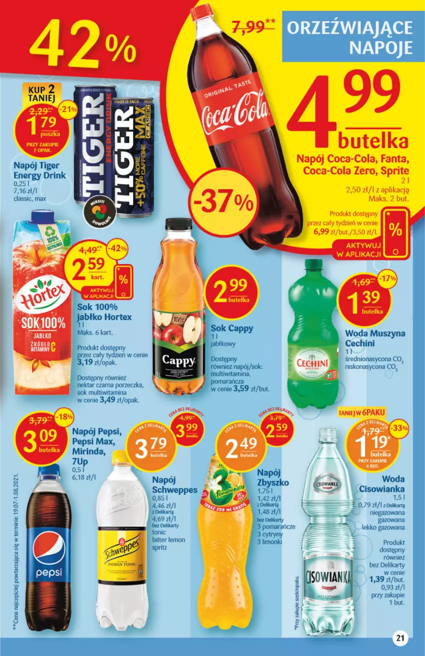 Gazetka promocyjna Delikatesy Centrum - Gazetka Delikatesy Centrum - ważna 23.09 do 29.09.2021 - strona 21 - produkty: 7up, Cisowianka, Coca-Cola, Cytryny, Fa, Fanta, Hortex, Mirinda, Napój, Nektar, Pepsi, Pepsi max, Pomarańcze, Por, Schweppes, Sok, Sprite, Tiger, Woda