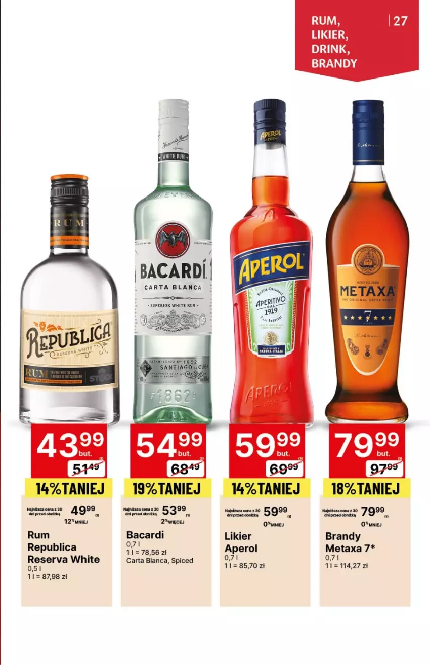 Gazetka promocyjna Delikatesy Centrum - DeliBarek DC46/DC47 - ważna 23.11 do 06.12.2023 - strona 27 - produkty: Aperol, Bacardi, Brandy, Likier, Metaxa, Rum