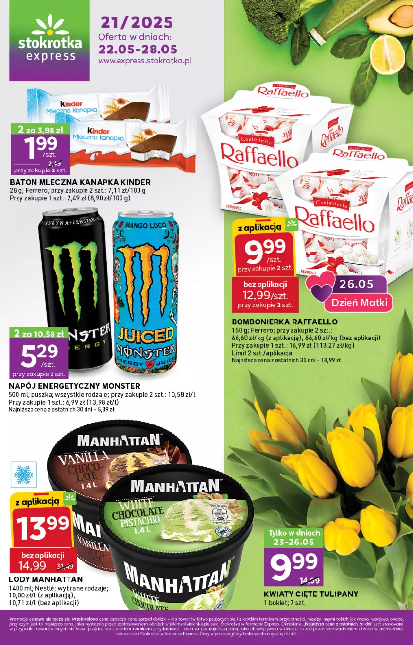 Gazetka promocyjna Stokrotka - Stokrotka Express - ważna 22.05 do 28.05.2025 - strona 1 - produkty: Baton, Bukiet, Fa, Ferrero, Kinder, Kwiaty cięte, Lody, Mleczna kanapka, Napój, Napój energetyczny, Raffaello, Tulipan