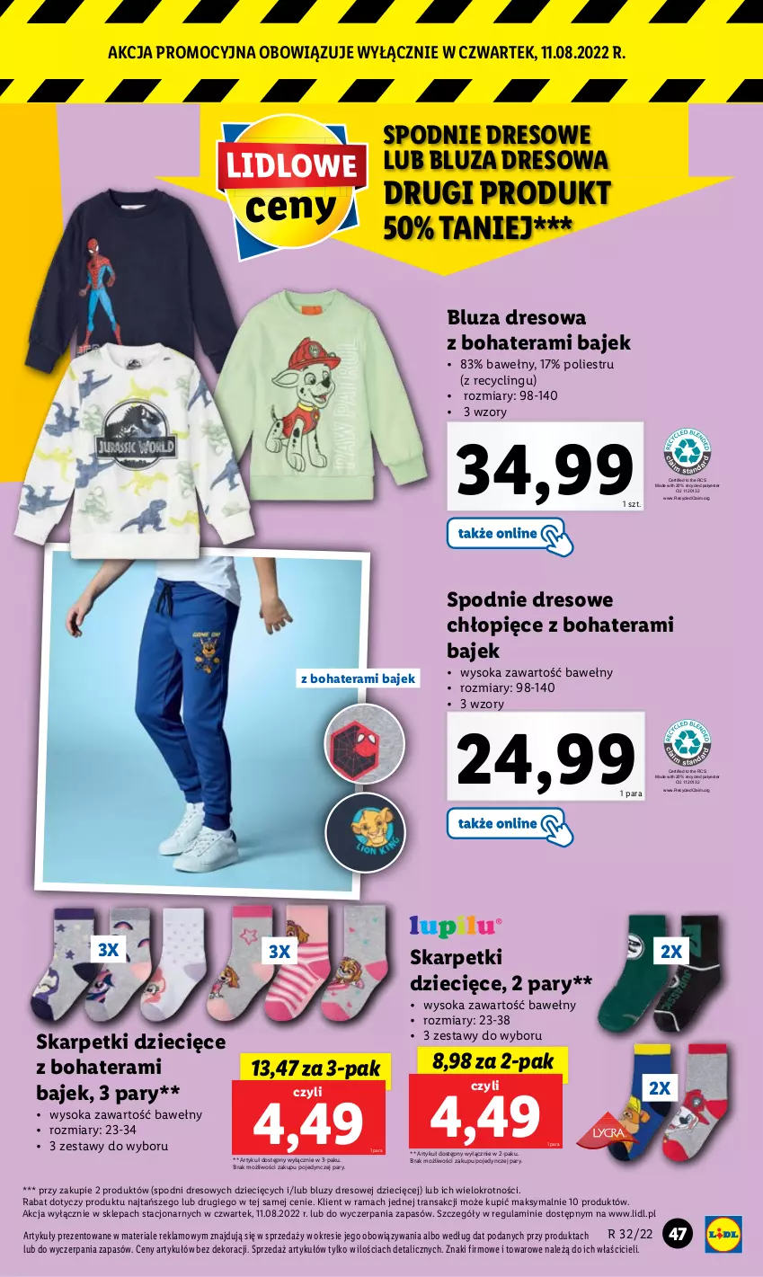 Gazetka promocyjna Lidl - GAZETKA - ważna 08.08 do 13.08.2022 - strona 49 - produkty: Bluza, Bluza dresowa, Clin, Dres, Dzieci, Karp, Rama, Skarpetki, Sok, Spodnie, Spodnie dresowe, Tera, Tran