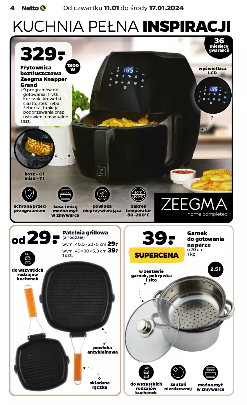 Gazetka promocyjna Netto - Akcesoria i dodatki - ważna 11.01 do 17.01.2024 - strona 4 - produkty: Frytki, Garnek, Gra, Grill, Kosz, Krewetki, Kuchnia, Kurczak, Patelnia, Patelnia grillowa, Ryba, Sito, Stek