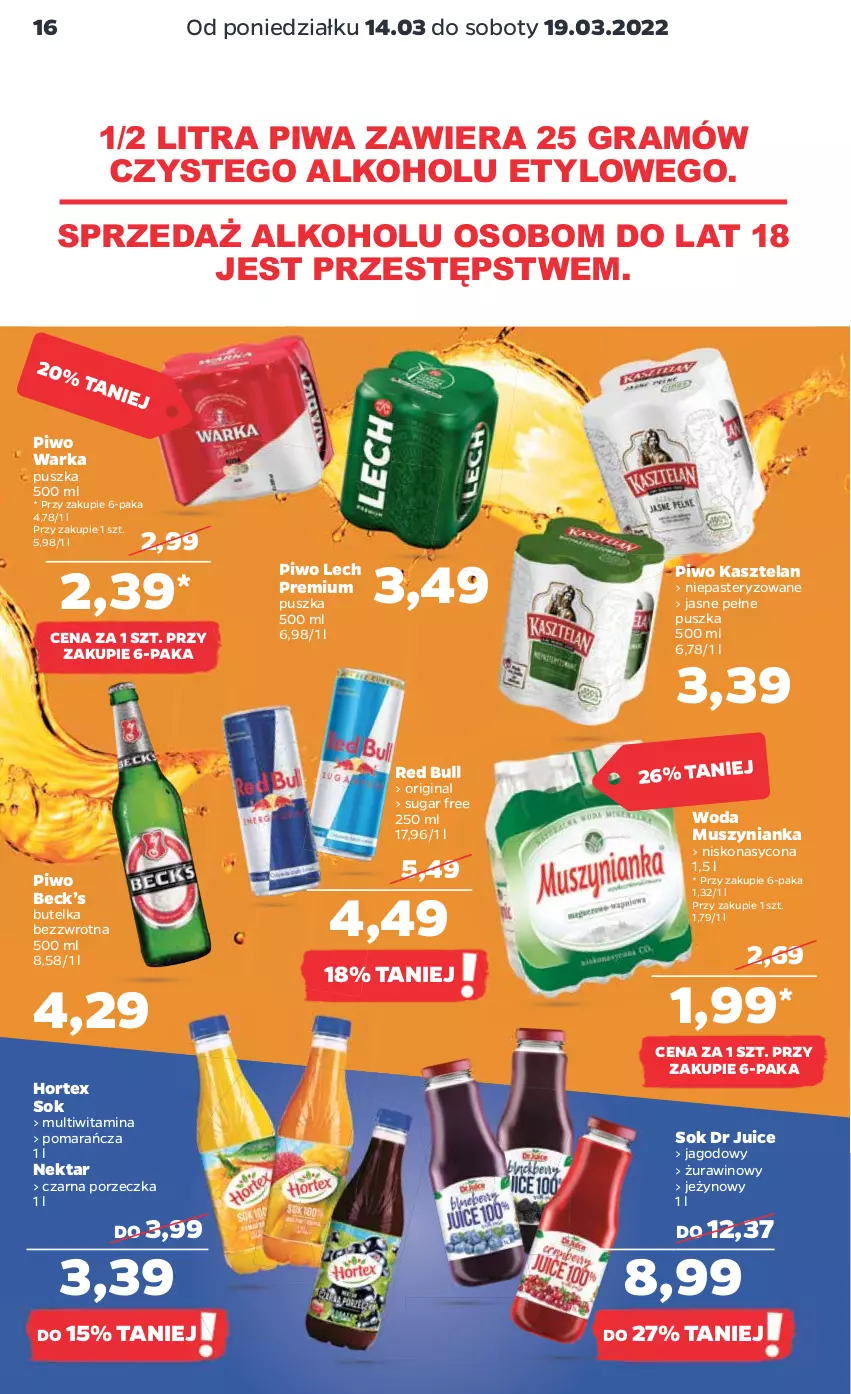 Gazetka promocyjna Netto - Gazetka spożywcza - ważna 14.03 do 19.03.2022 - strona 16 - produkty: Gin, Gra, Hortex, Kasztelan, Lech Premium, Mus, Muszynianka, Nektar, Piwa, Piwo, Por, Red Bull, Sok, Warka, Wino, Woda