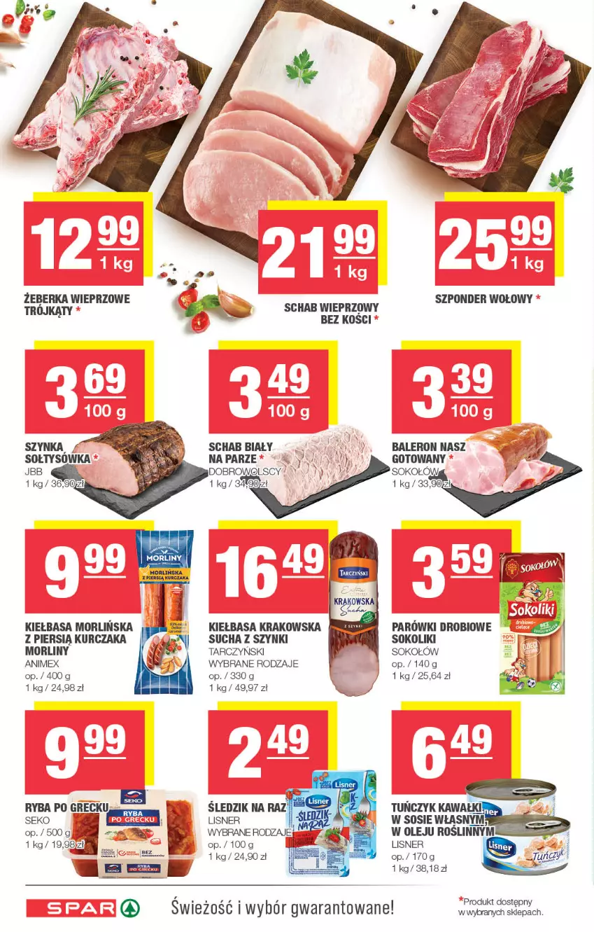 Gazetka promocyjna Spar - Spar - ważna 25.02 do 06.03.2024 - strona 4 - produkty: Kawa, Kiełbasa, Kiełbasa krakowska, Kurczak, Lisner, Morliny, Olej, Ryba, Ryba po grecku, Schab wieprzowy, SEKO, Sok, Sokołów, Sos, Szponder wołowy, Szynka, Tarczyński, Tuńczyk