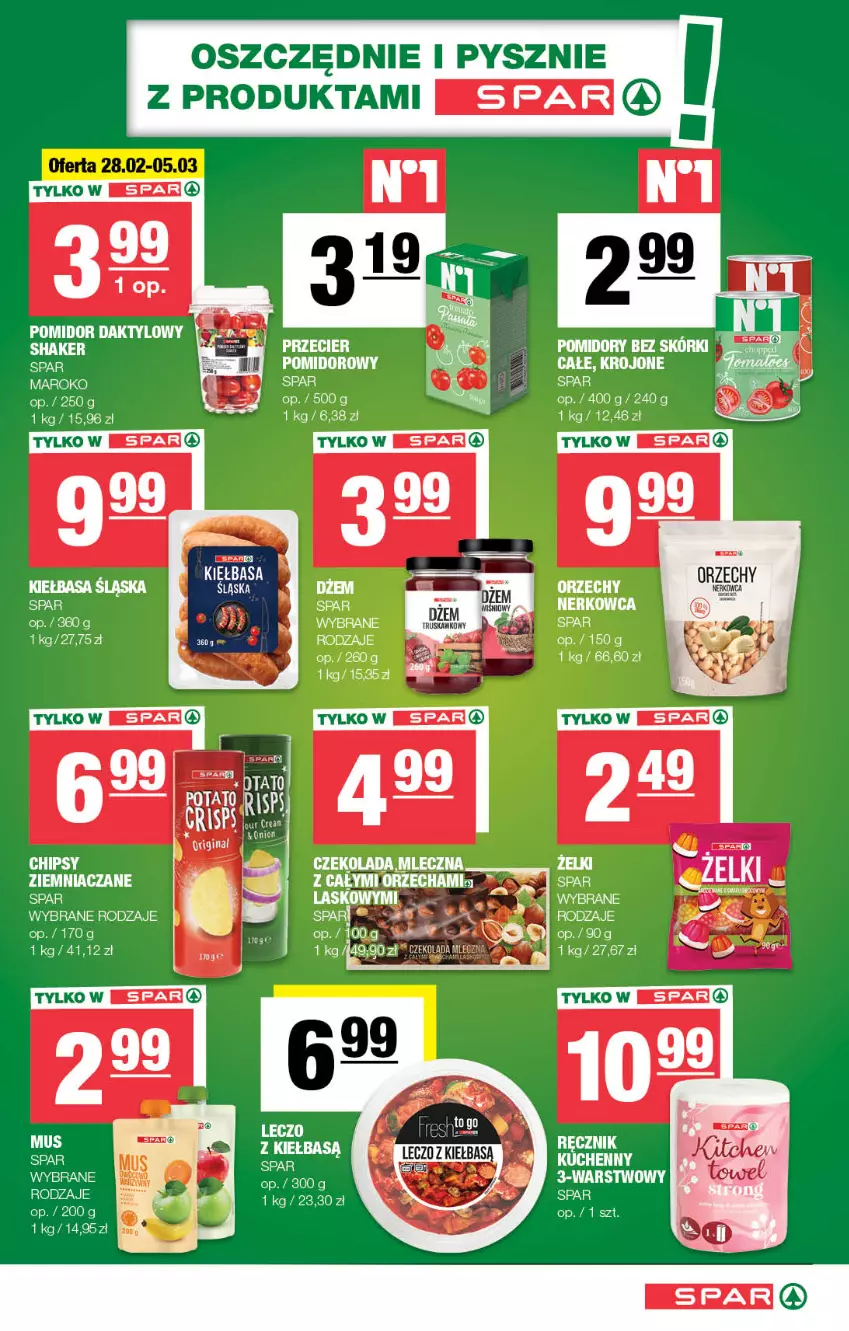 Gazetka promocyjna Spar - Spar - ważna 25.02 do 06.03.2024 - strona 5 - produkty: Chipsy, Czekolada, Czekolada mleczna, Dżem, Fa, Kiełbasa, Mus, Pomidory, Ręcznik