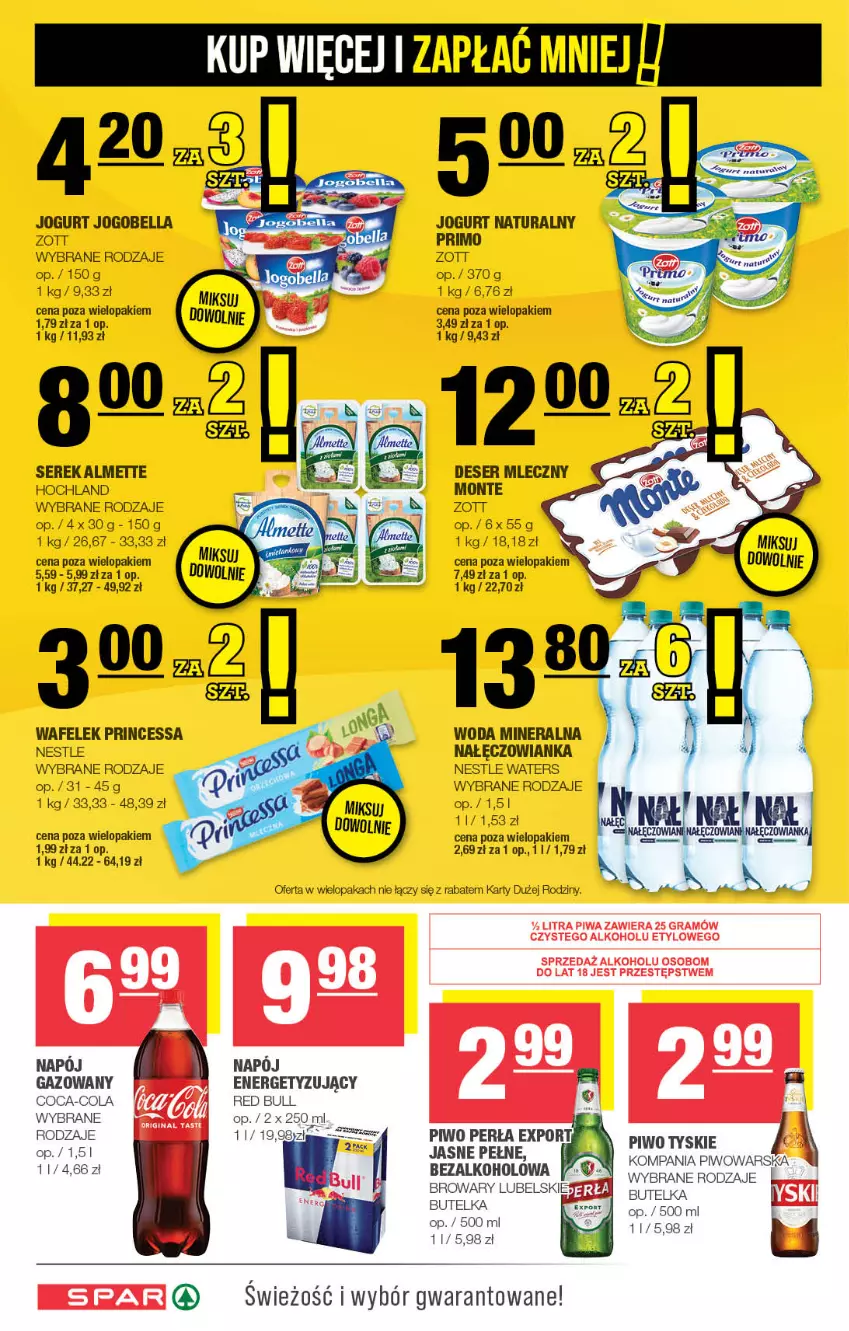 Gazetka promocyjna Spar - Spar - ważna 25.02 do 06.03.2024 - strona 6 - produkty: Almette, Bell, Bella, Coca-Cola, Deser, Deser mleczny, Gra, Hochland, Jogobella, Jogurt, Jogurt naturalny, Monte, Piwa, Piwo, Princessa, Red Bull, Ser, Serek, Tyskie, Wafelek, Zott, Zott Primo