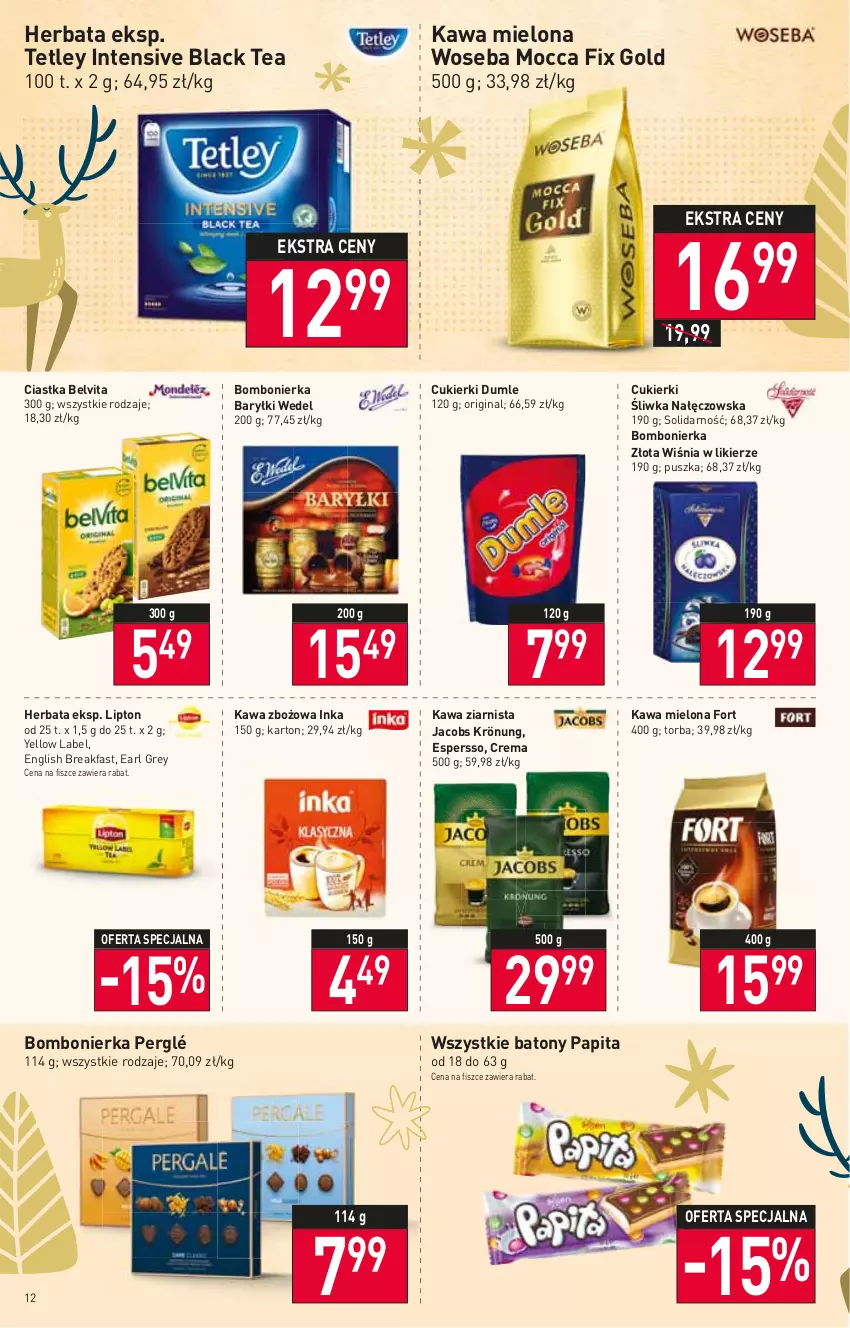 Gazetka promocyjna Stokrotka - Supermarket - ważna 17.11 do 23.11.2022 - strona 12 - produkty: Baryłki, Baton, BelVita, Ciastka, Cukier, Cukierki, Earl Grey, Fa, Gin, Herbata, Inka, Jacobs, Jacobs Krönung, Kawa, Kawa mielona, Kawa zbożowa, Kawa ziarnista, Lack, Likier, Lipton, Mocca Fix Gold, Tetley, Torba, Woseba